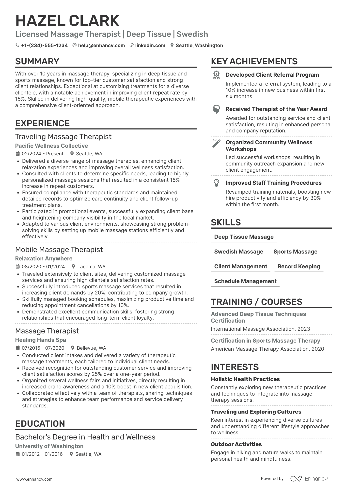 A resume example of a Traveling Massage Therapist