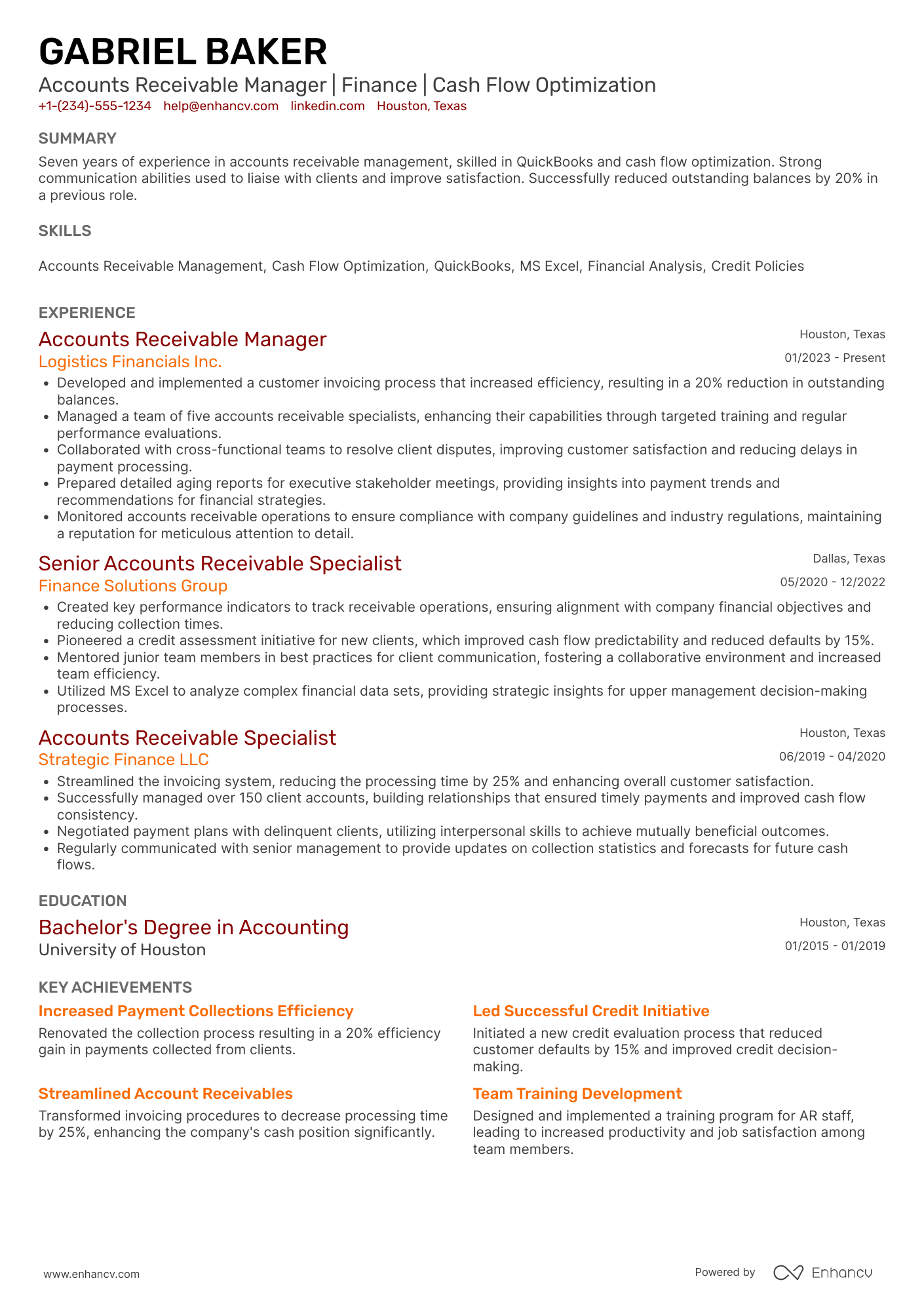 A resume example of a Accounts Receivable Manager