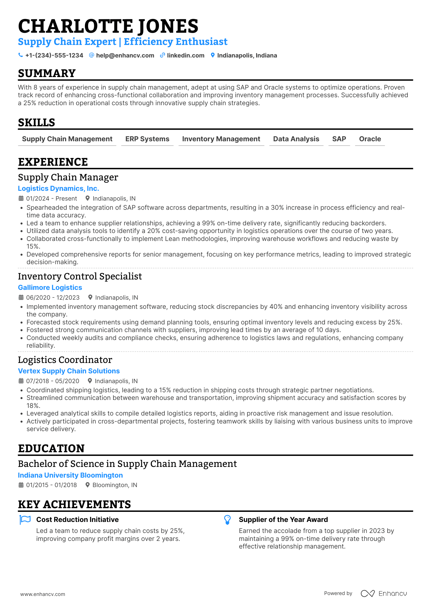 A resume example of a Supply Chain Management Coordinator