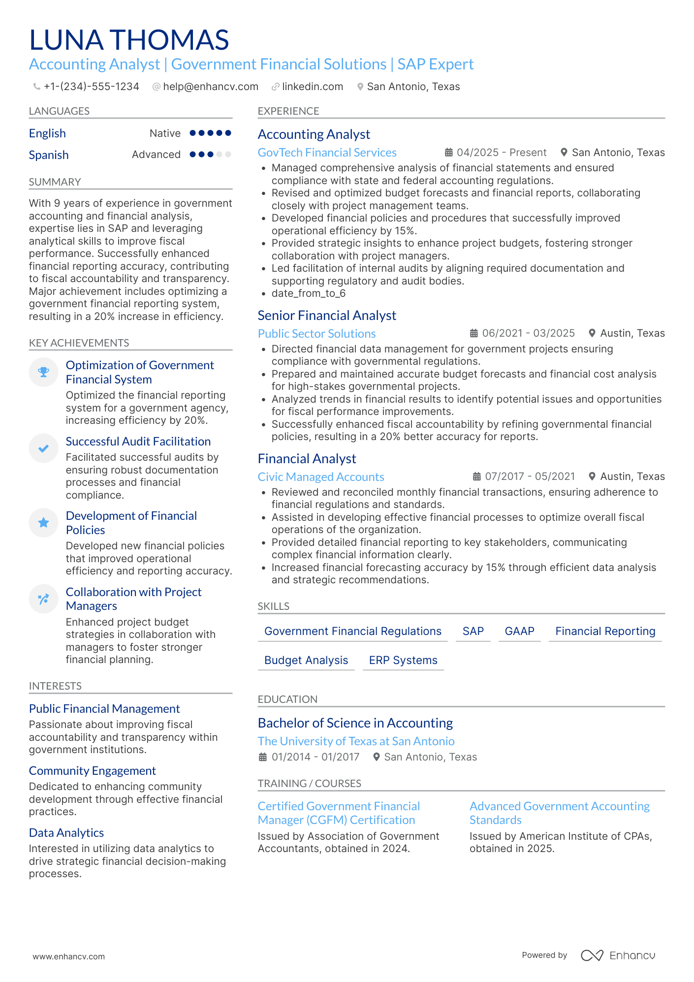 A resume example of a Government Accounting Analyst
