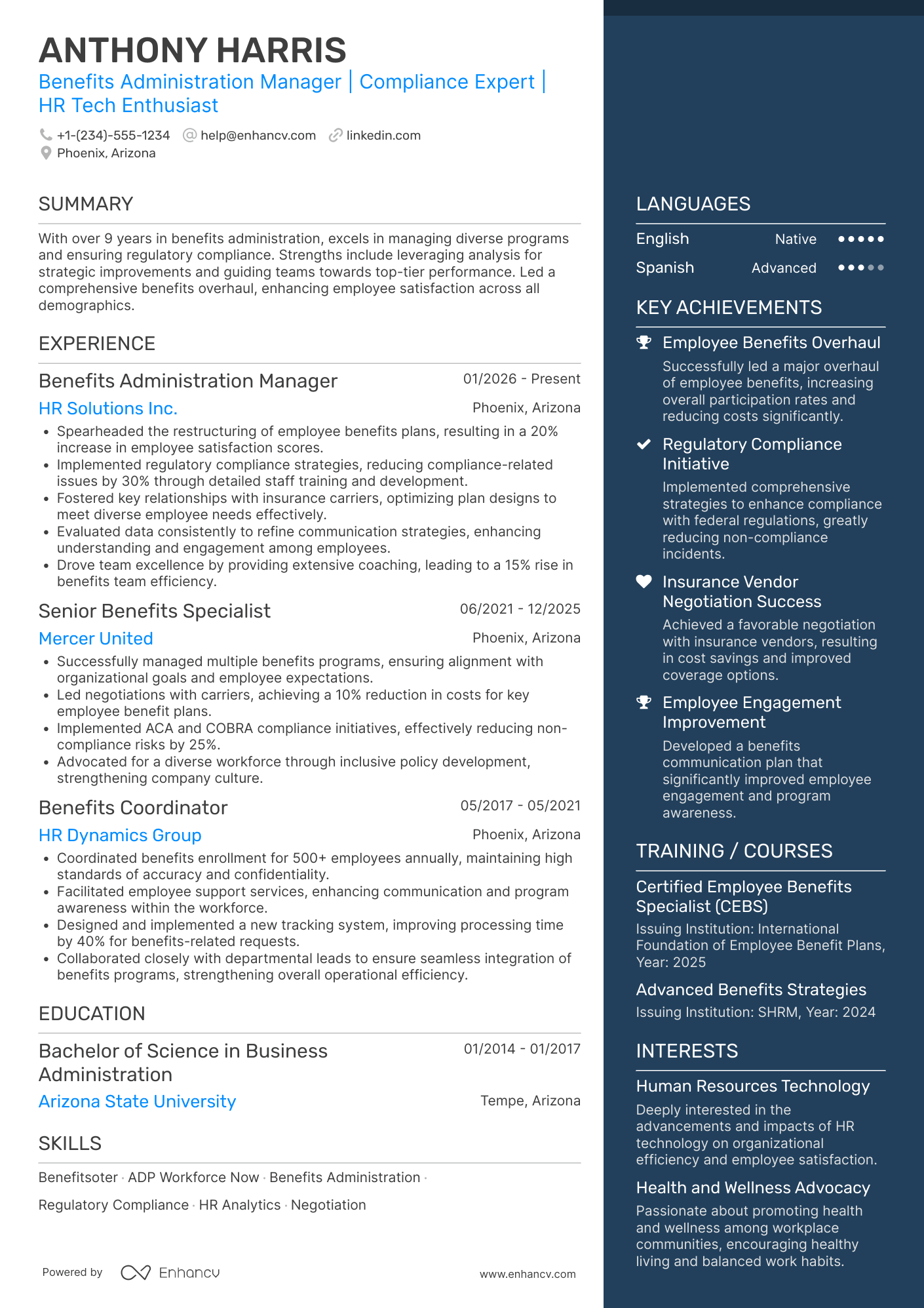 A resume example of a Benefits Administration Manager