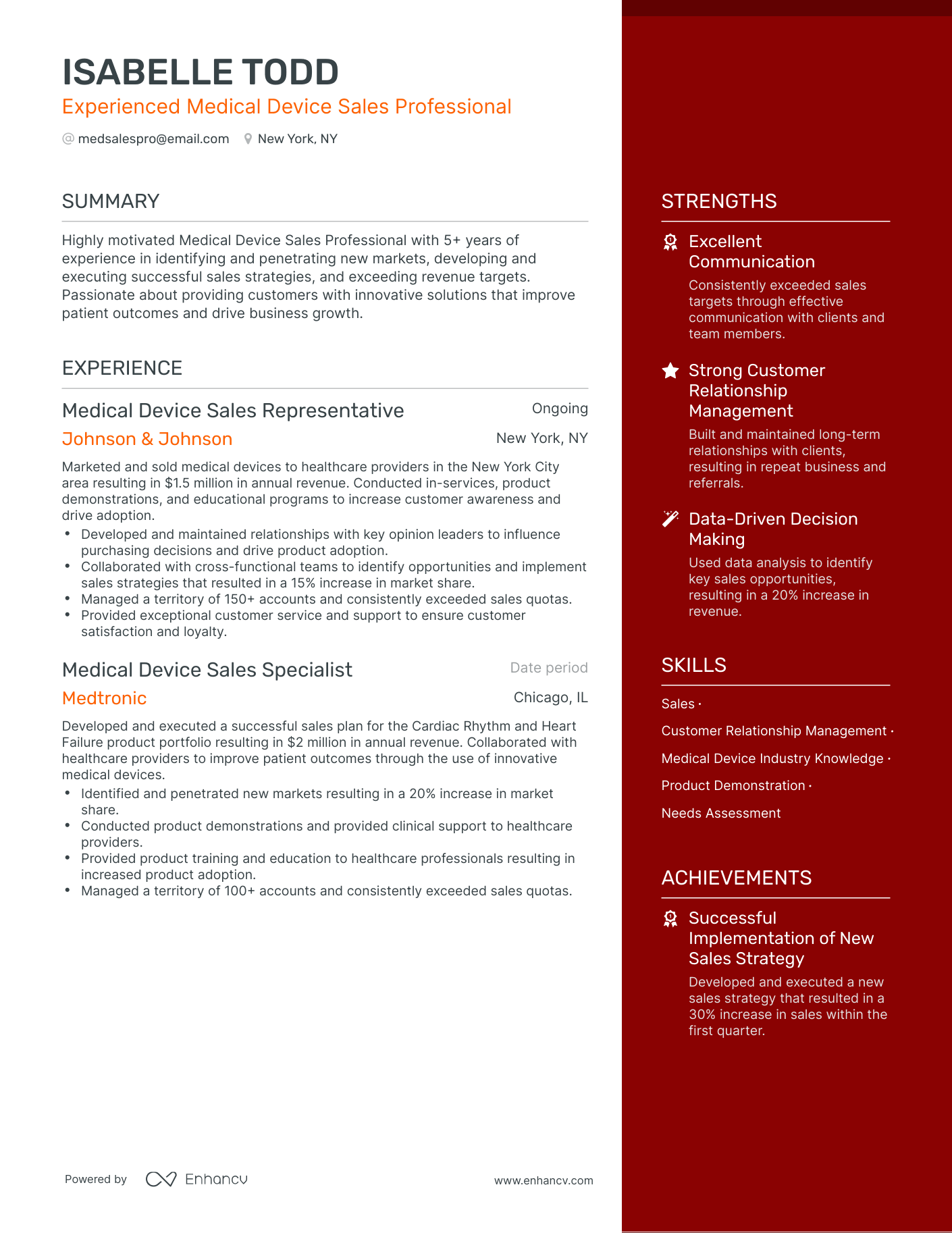 One Page Medical Device Sales Resume Template