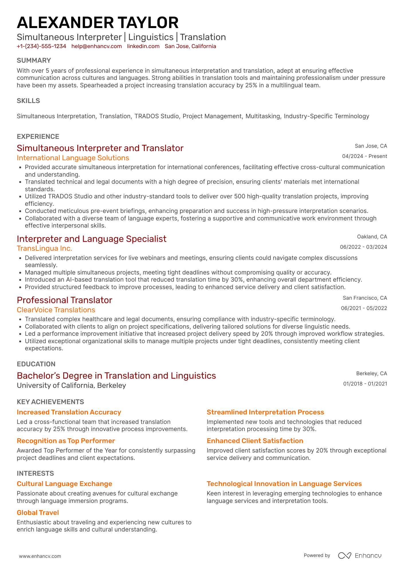 A resume example of a Simultaneous Interpreter and Translator