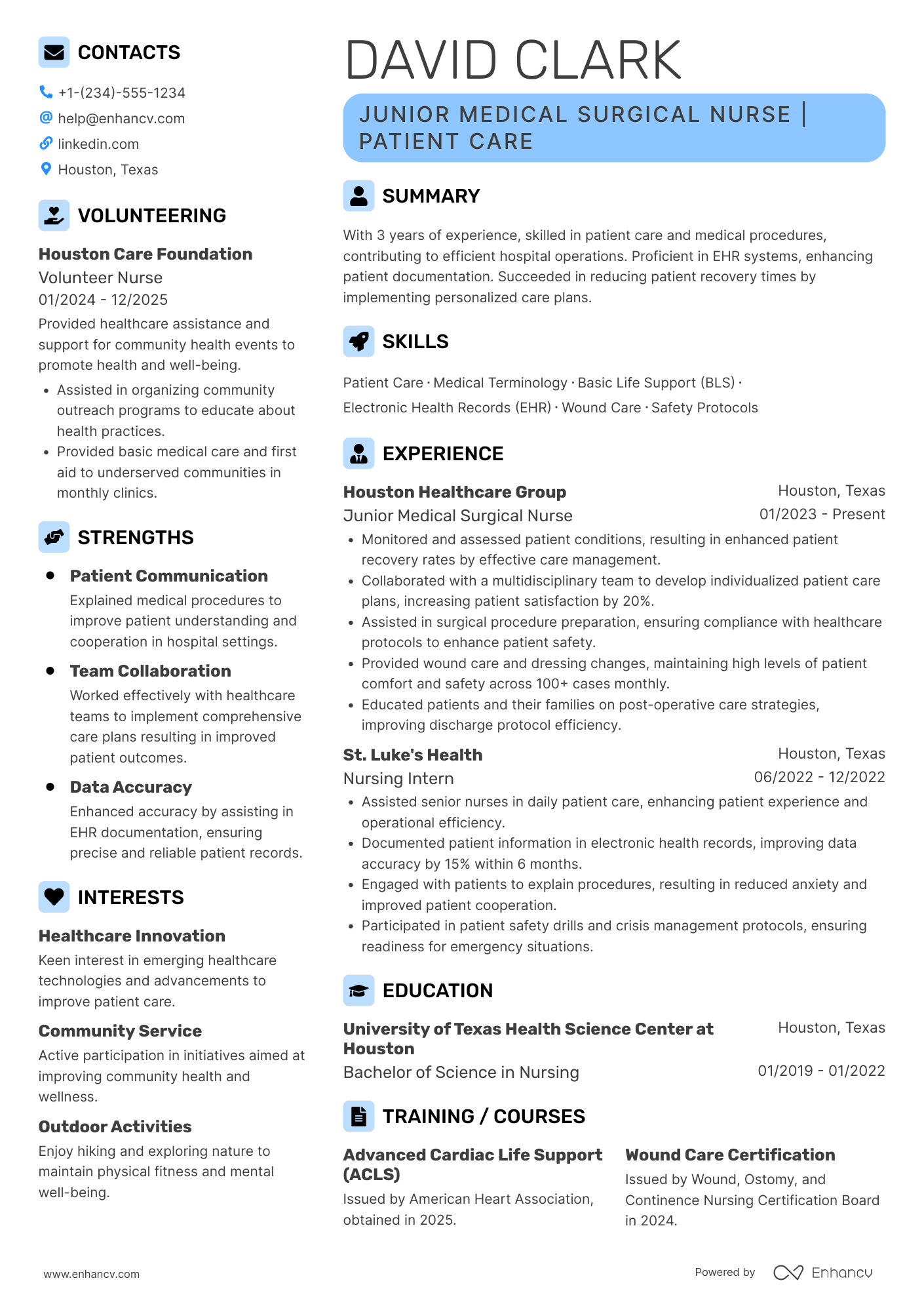 A resume example of a Junior Medical Surgical Nurse