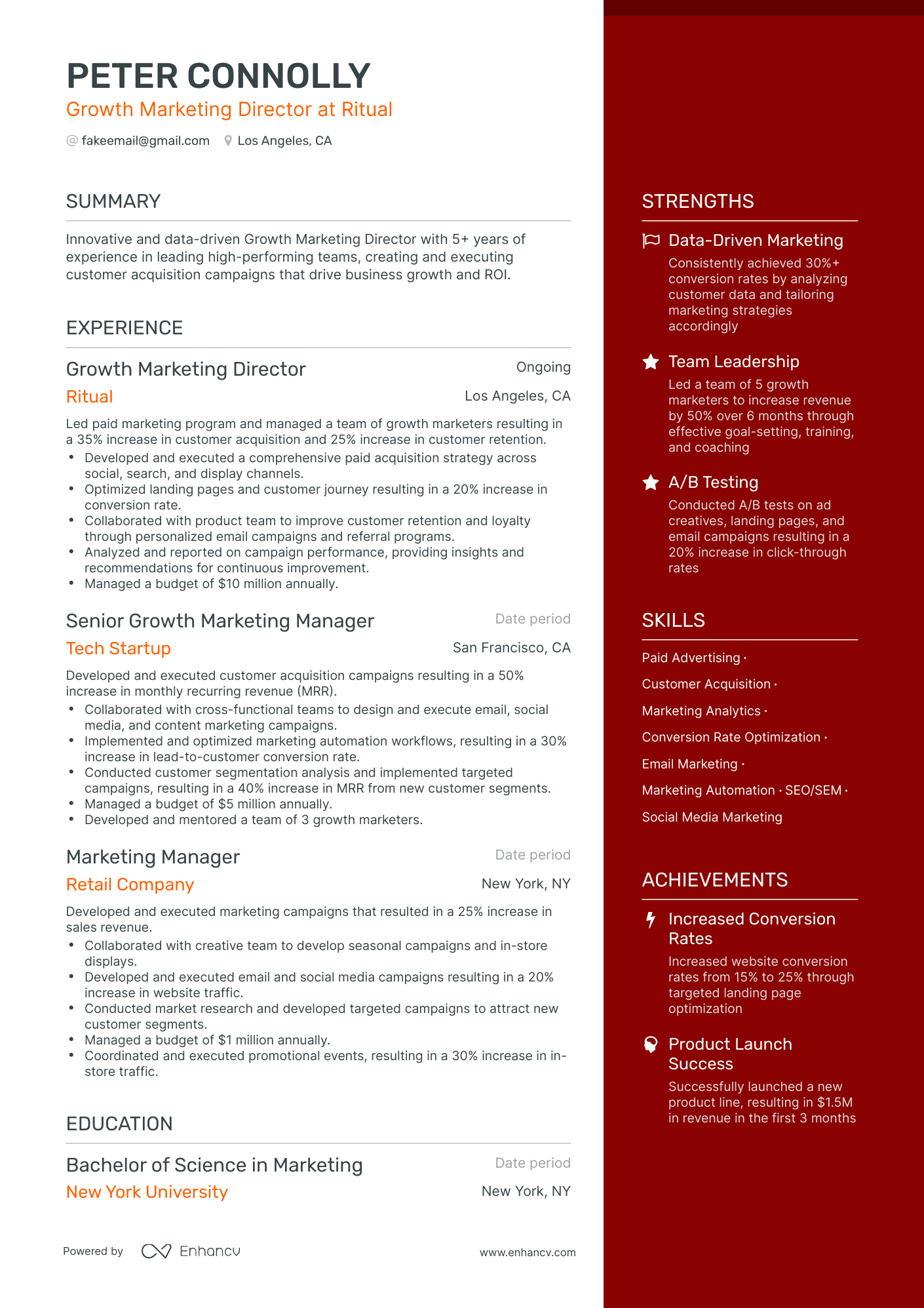 One Page Growth Marketing Resume Template