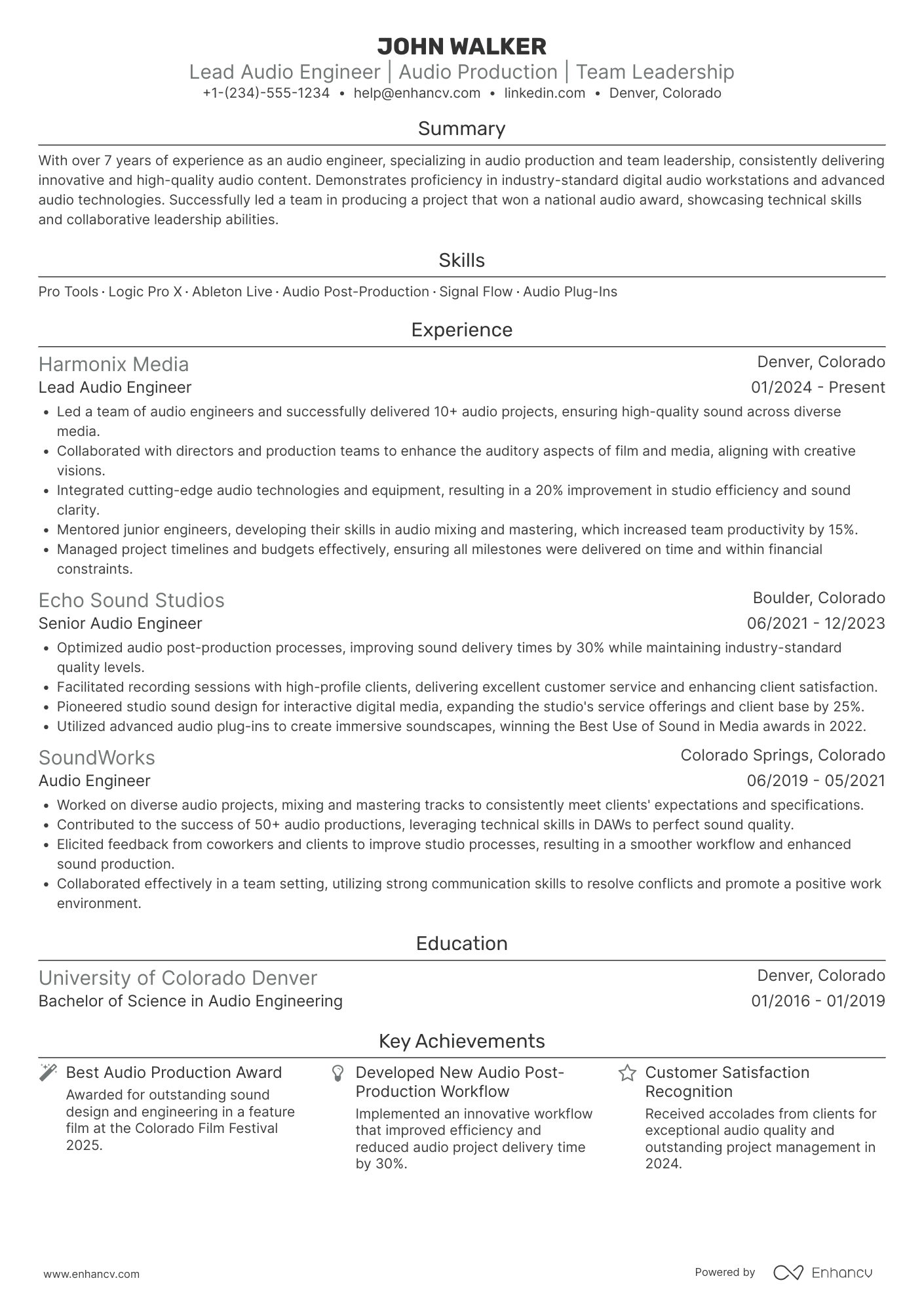 A resume example of a Lead Audio Engineer
