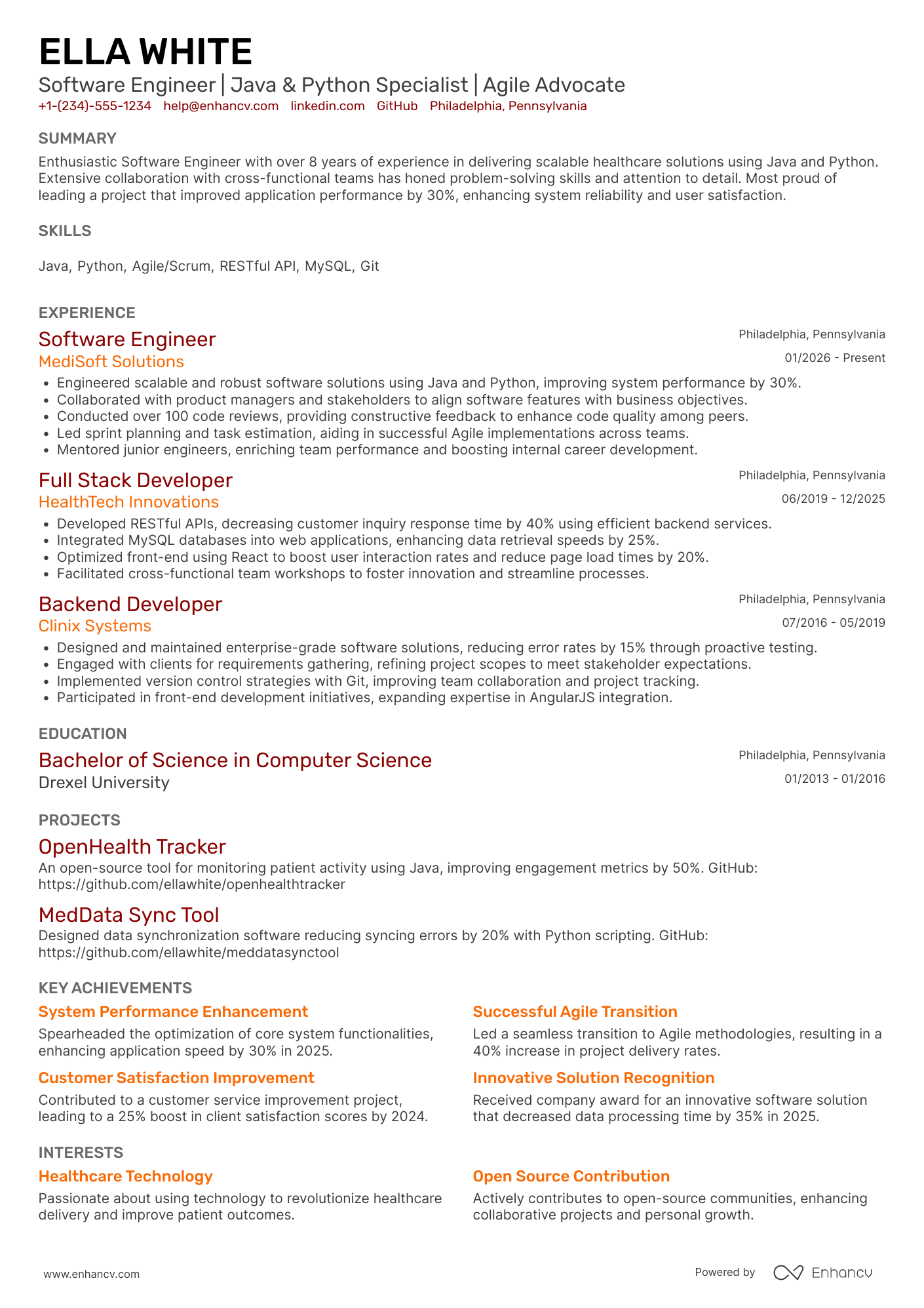 A resume example of a Computer Science Software Engineer
