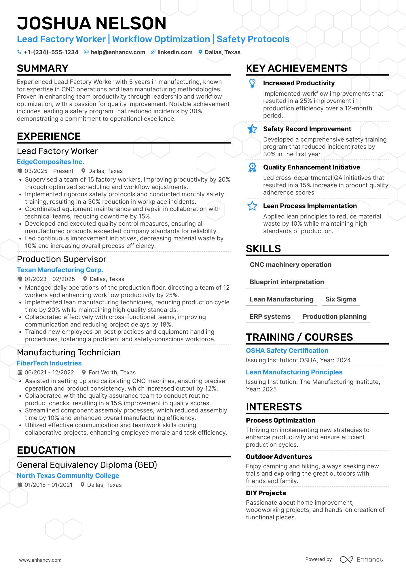 A resume example of a Lead Factory Worker