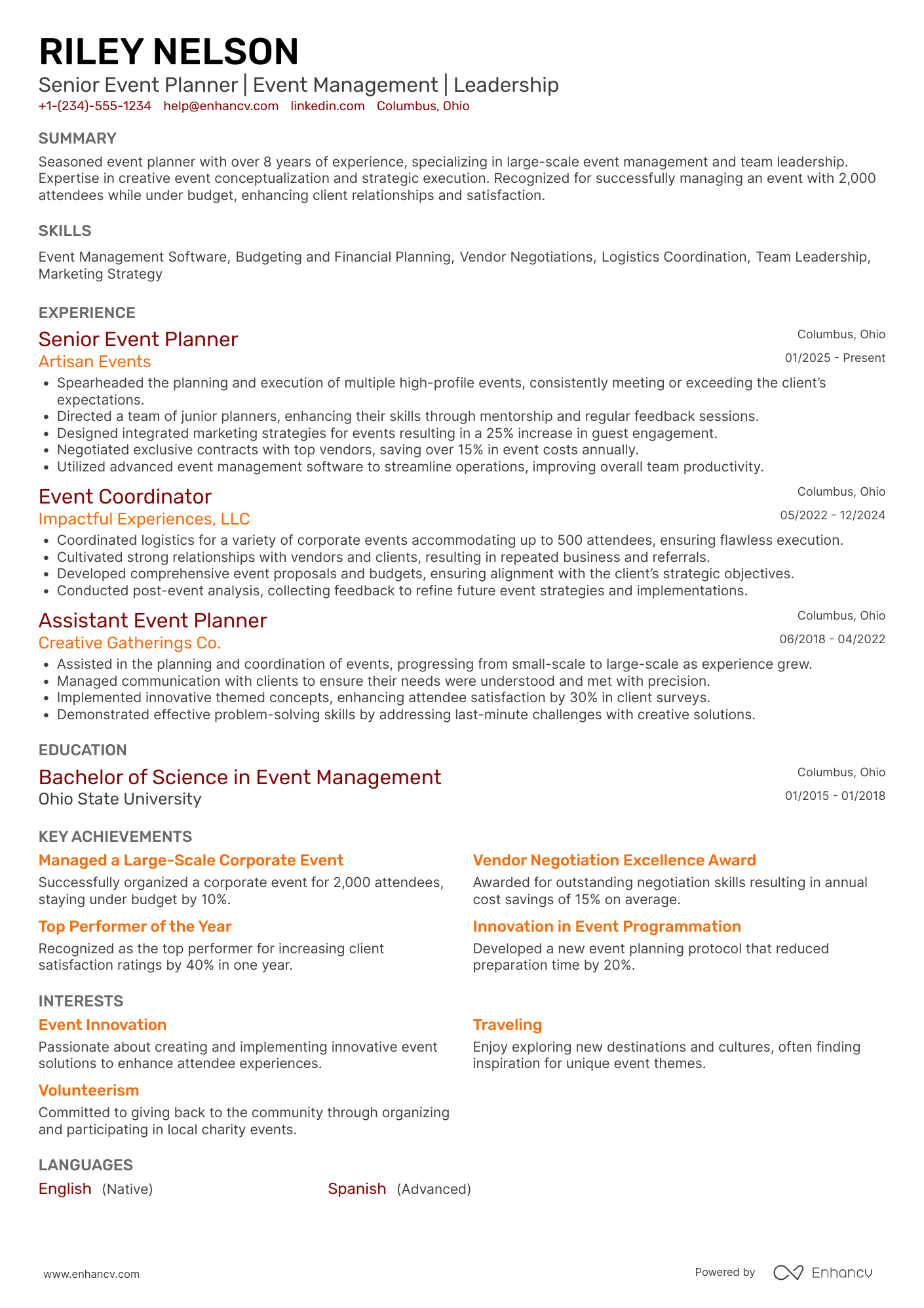 A resume example of a Senior Event Planner