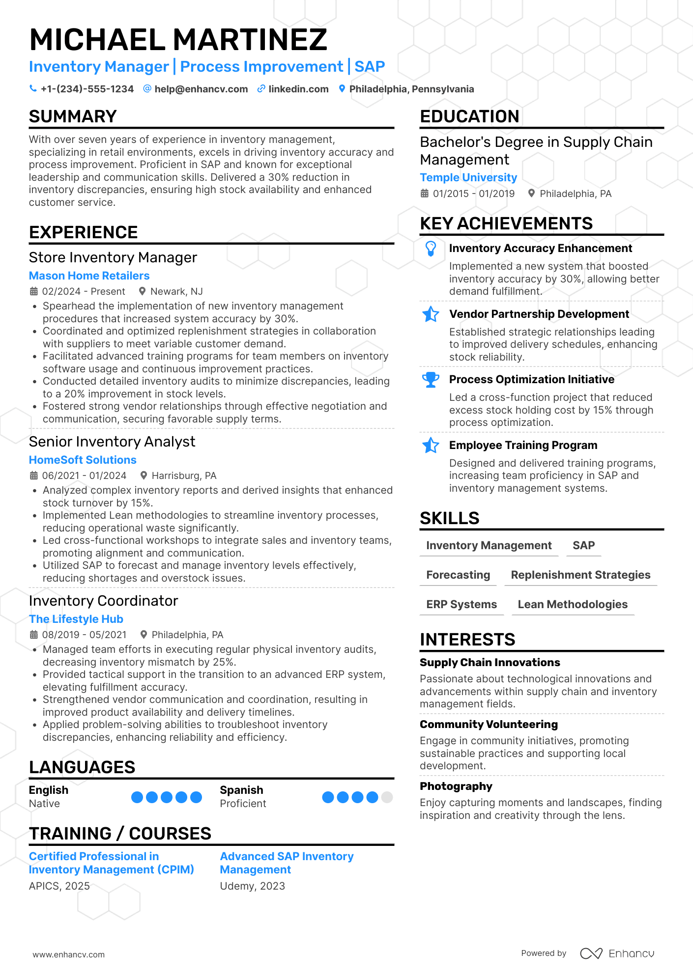 A resume example of a Store Inventory Manager