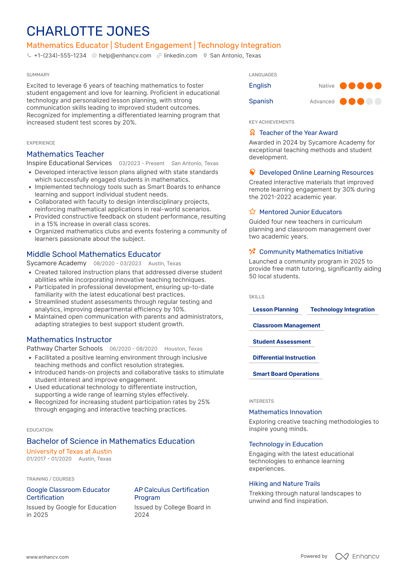 A resume example of a Mathematics Teacher