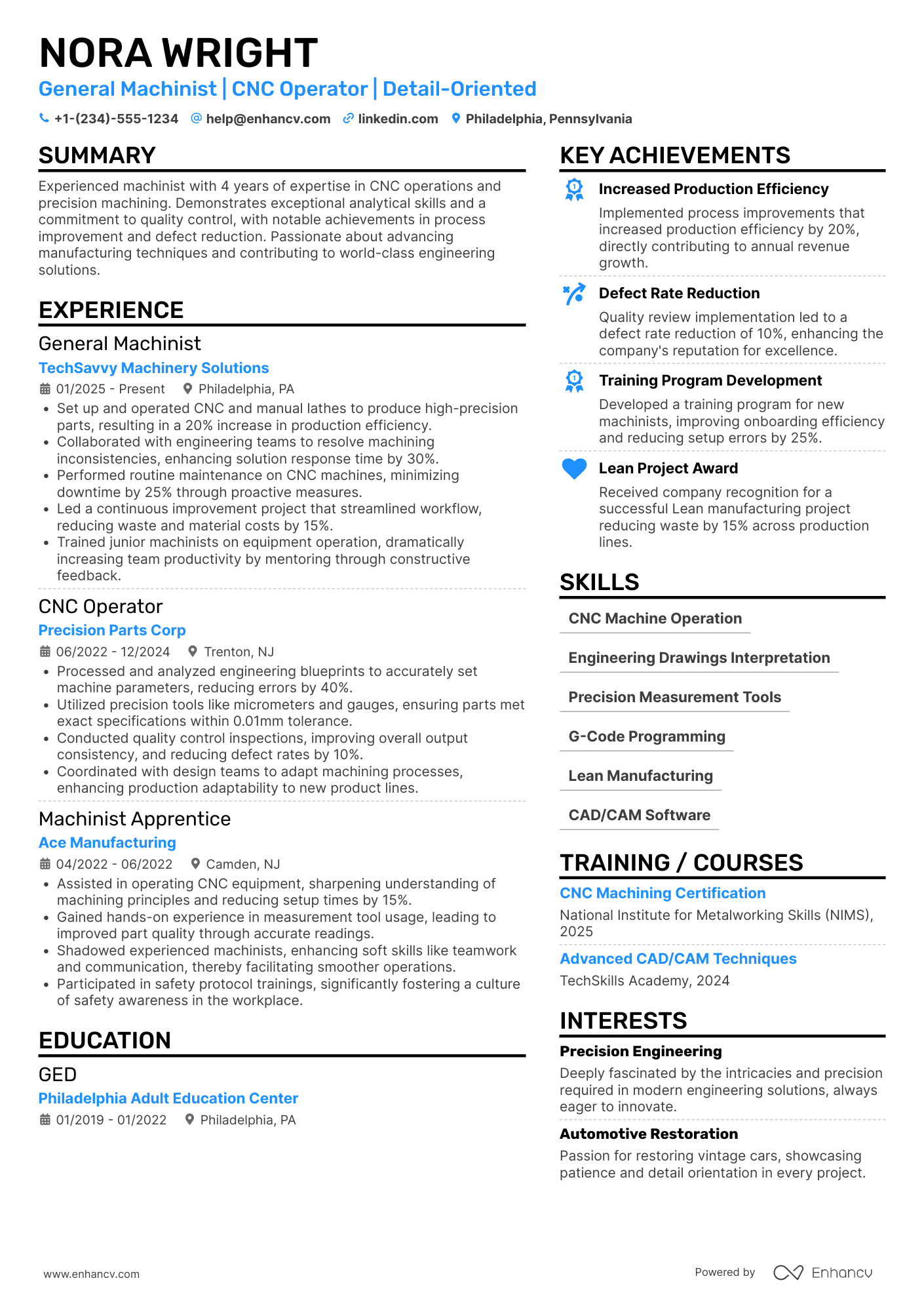 A resume example of a General Machinist