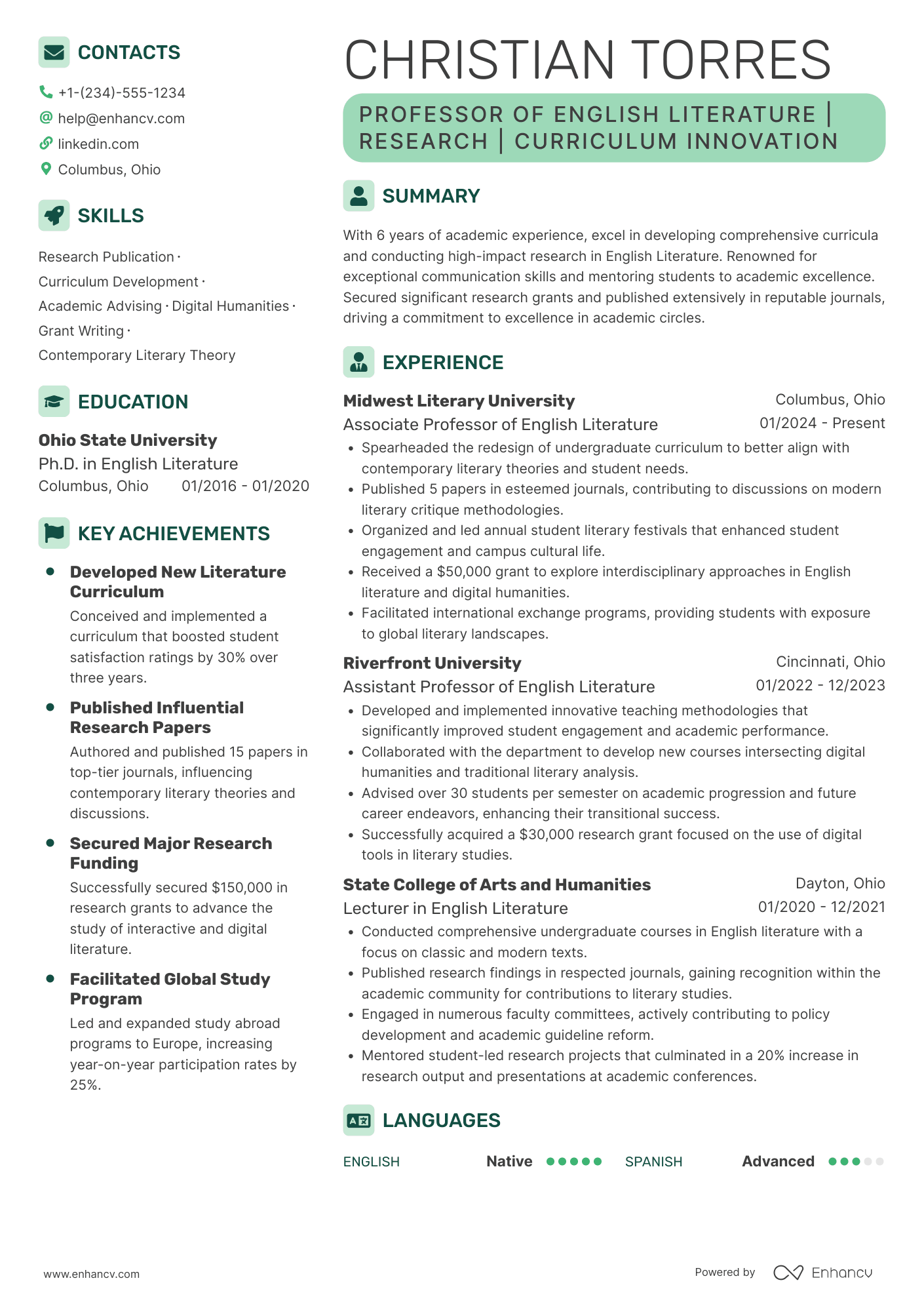 A resume example of a Full Professor of English Literature