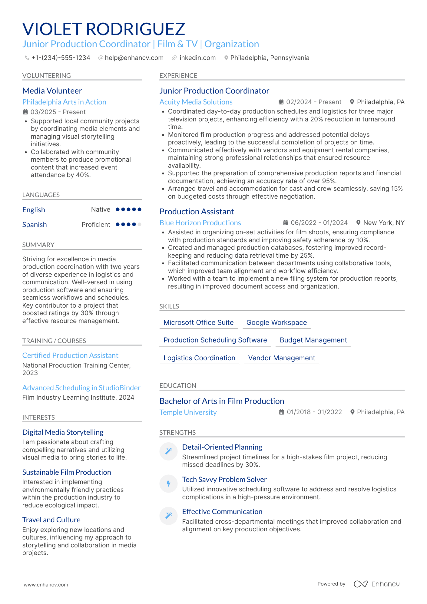 A resume example of a Junior Production Coordinator