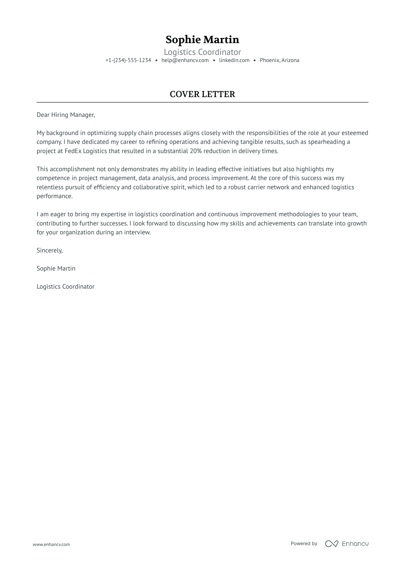 cover letter sample for supply chain position