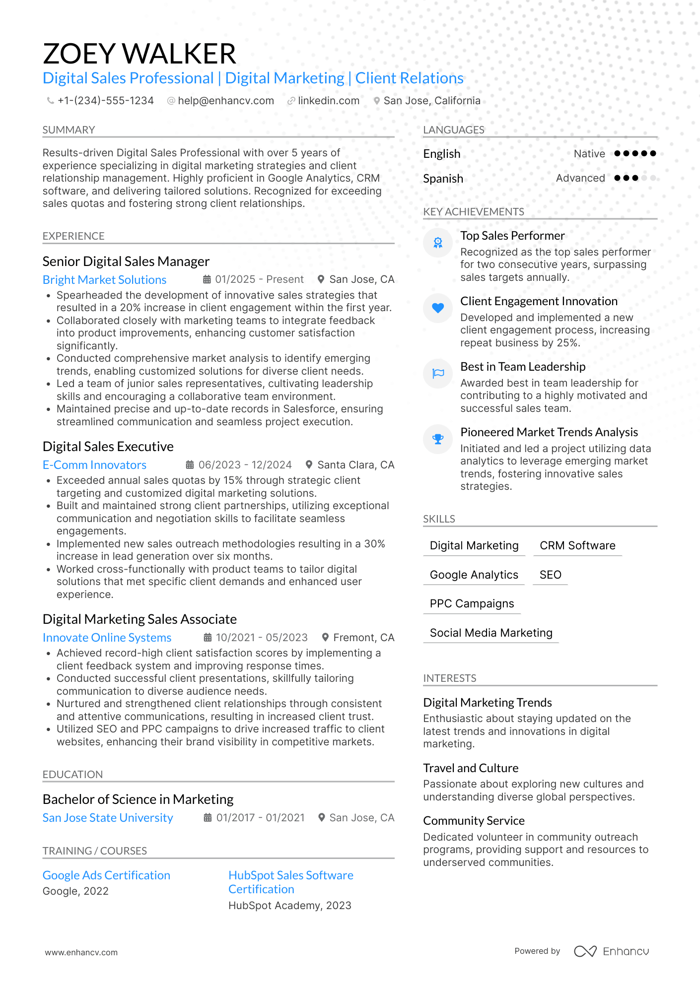 A resume example of a Digital Sales Professional