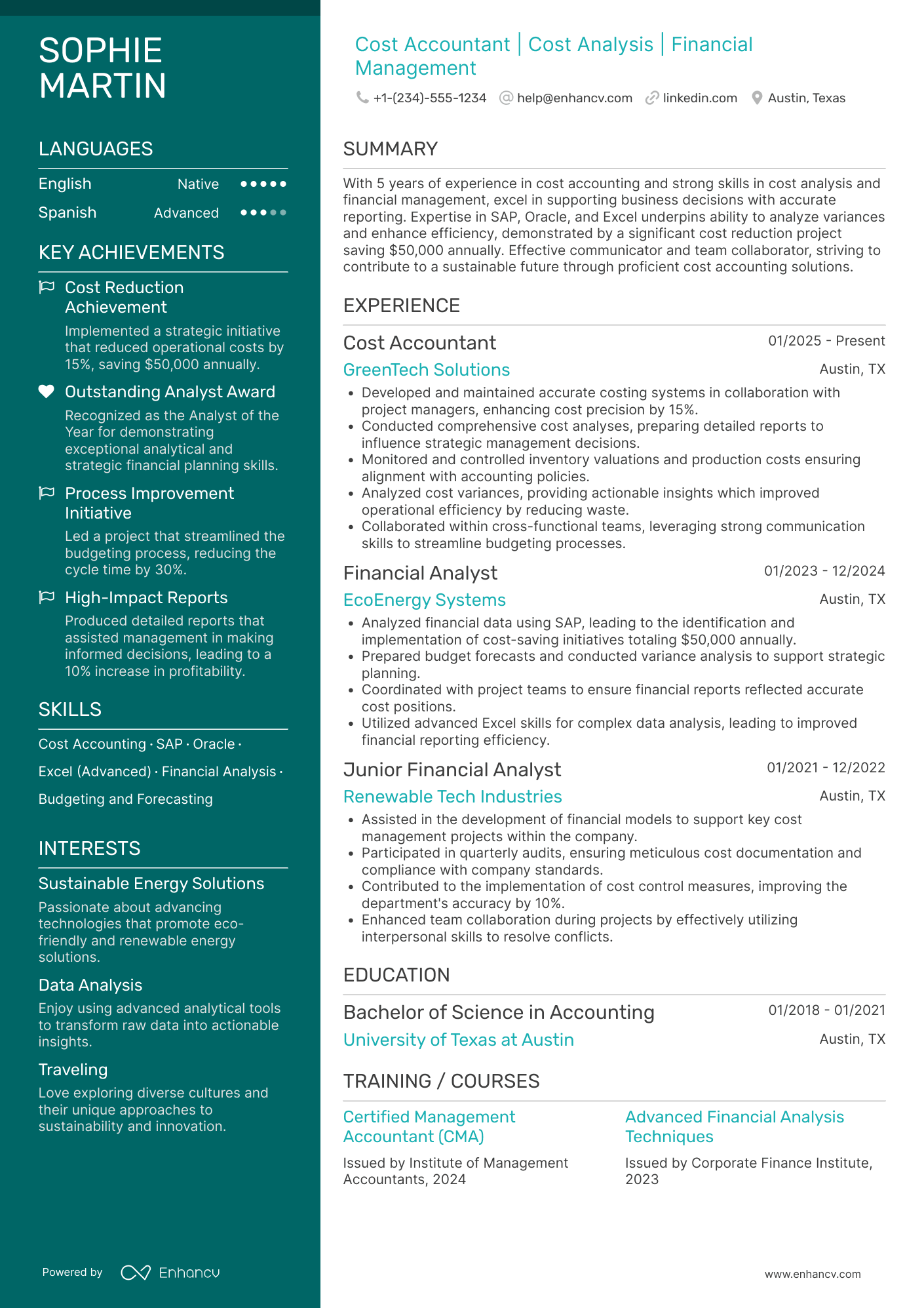 A resume example of a Cost Accounting