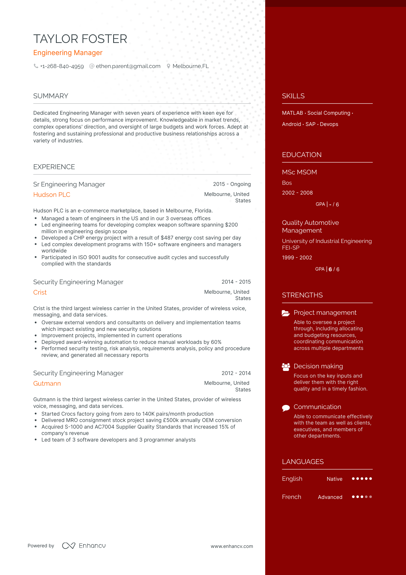 One Page Engineering Manager Resume Template