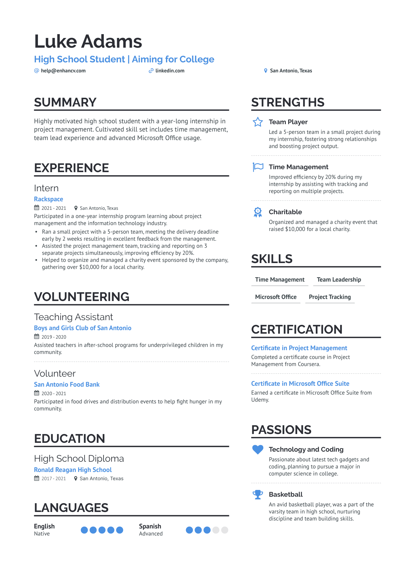 resume experience examples high school students