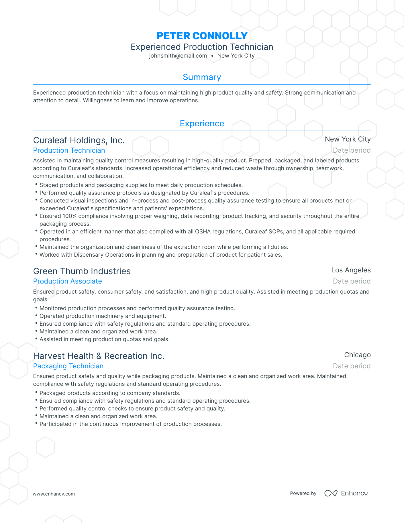 Traditional Production Technician Resume Template