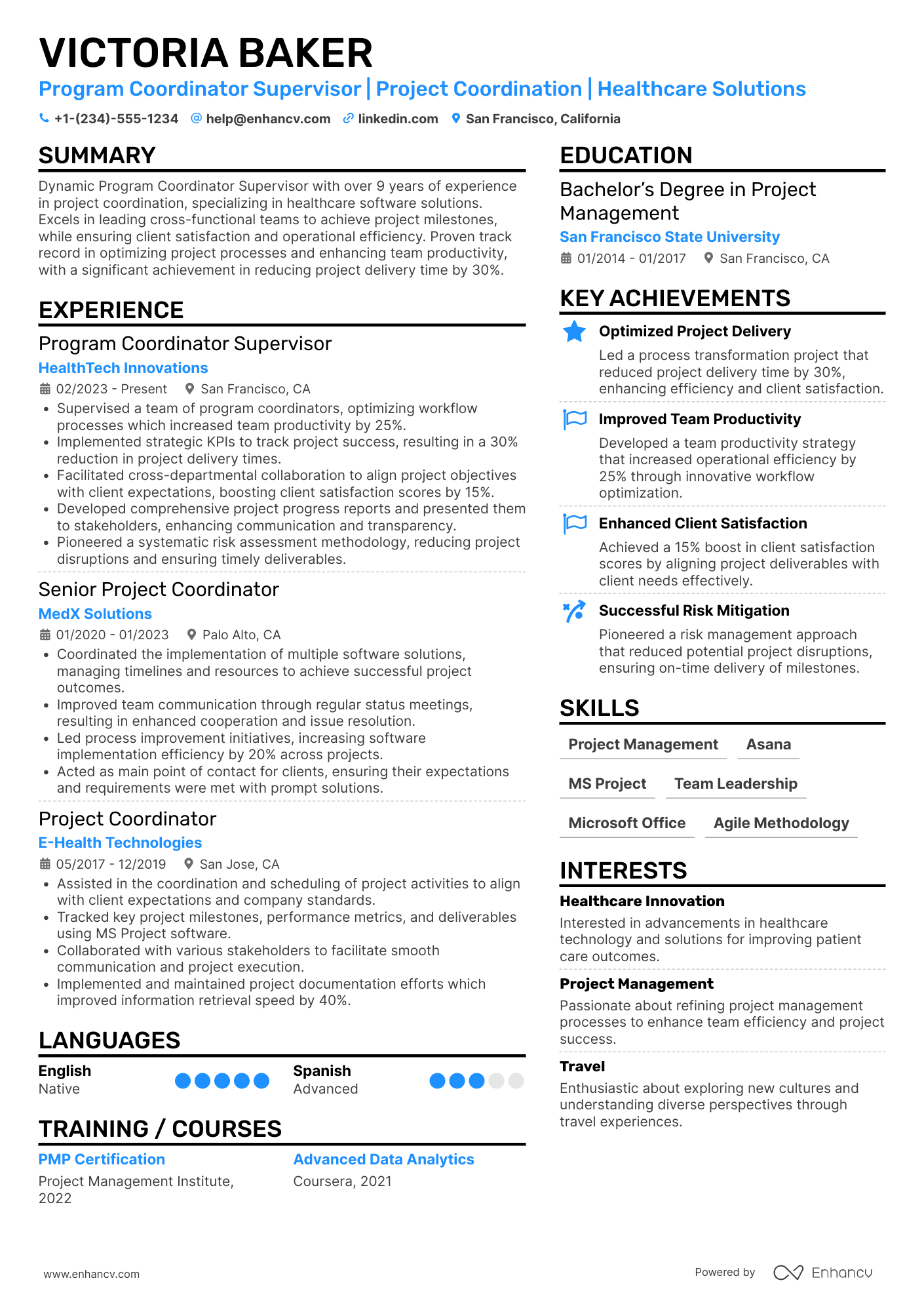 A resume example of a Program Coordinator Supervisor