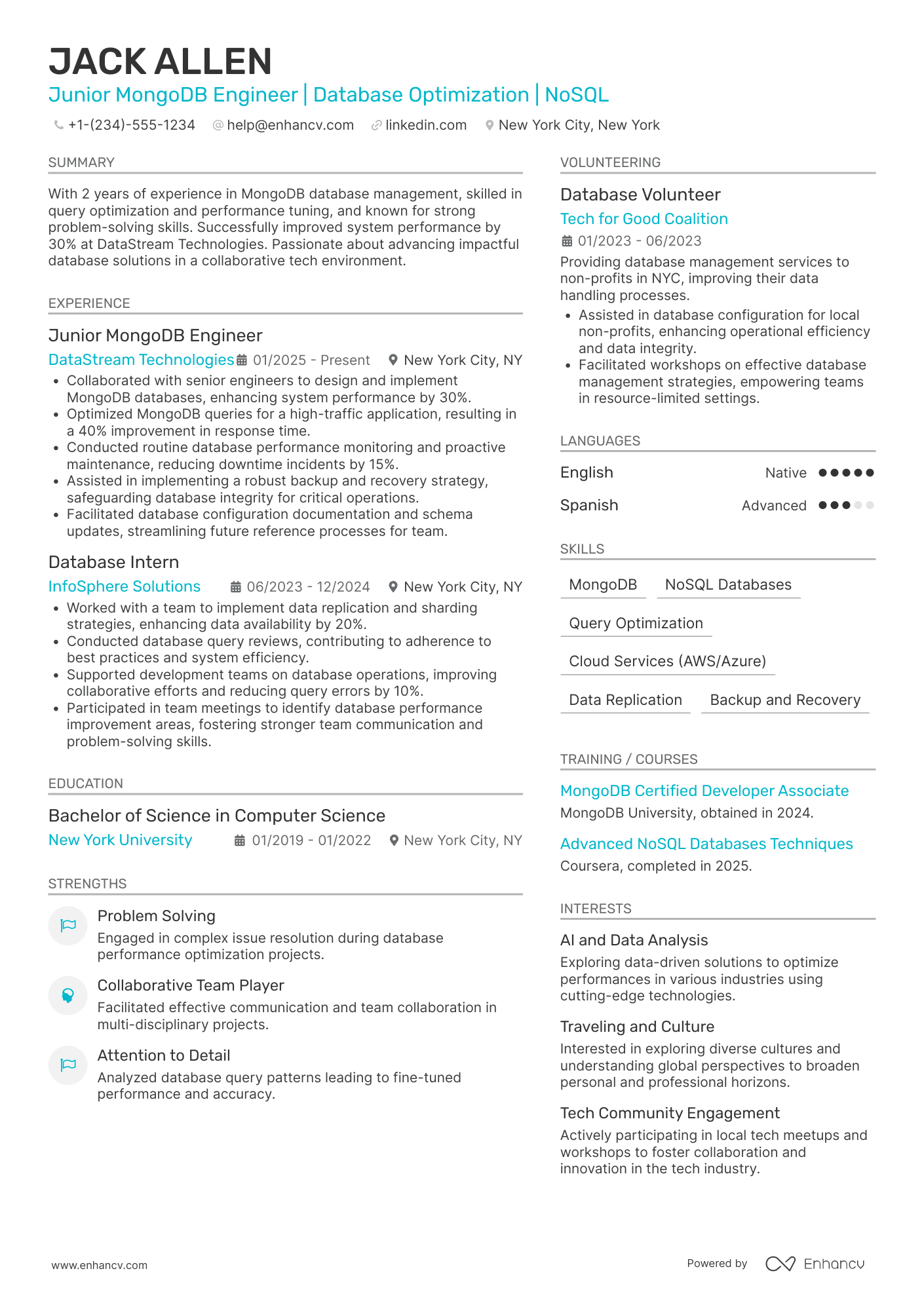 A resume example of a Junior MongoDB Engineer
