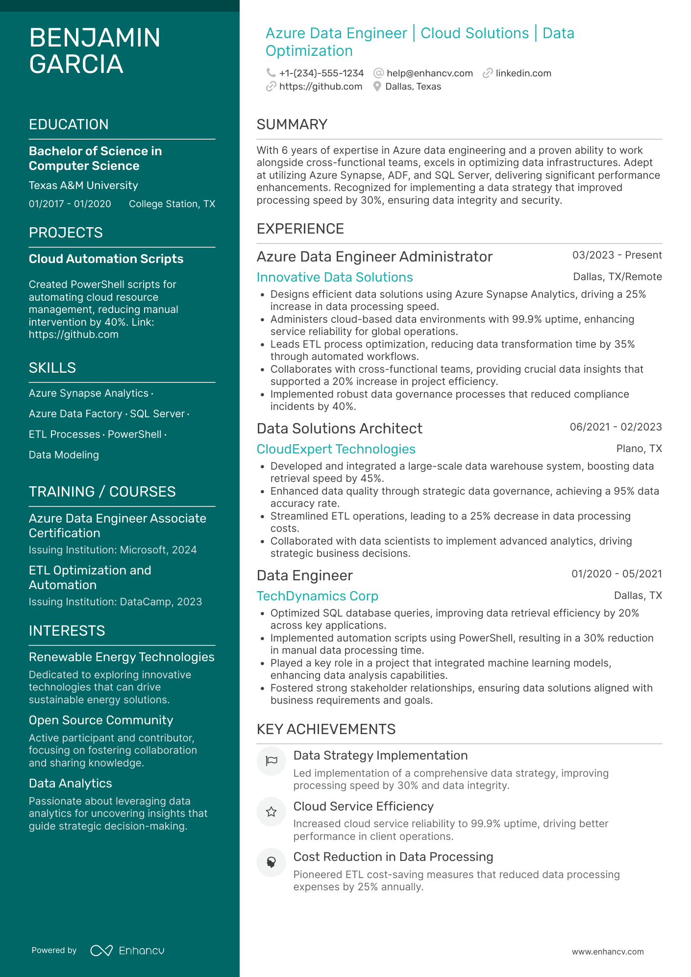 A resume example of a Azure Data Engineer Administrator