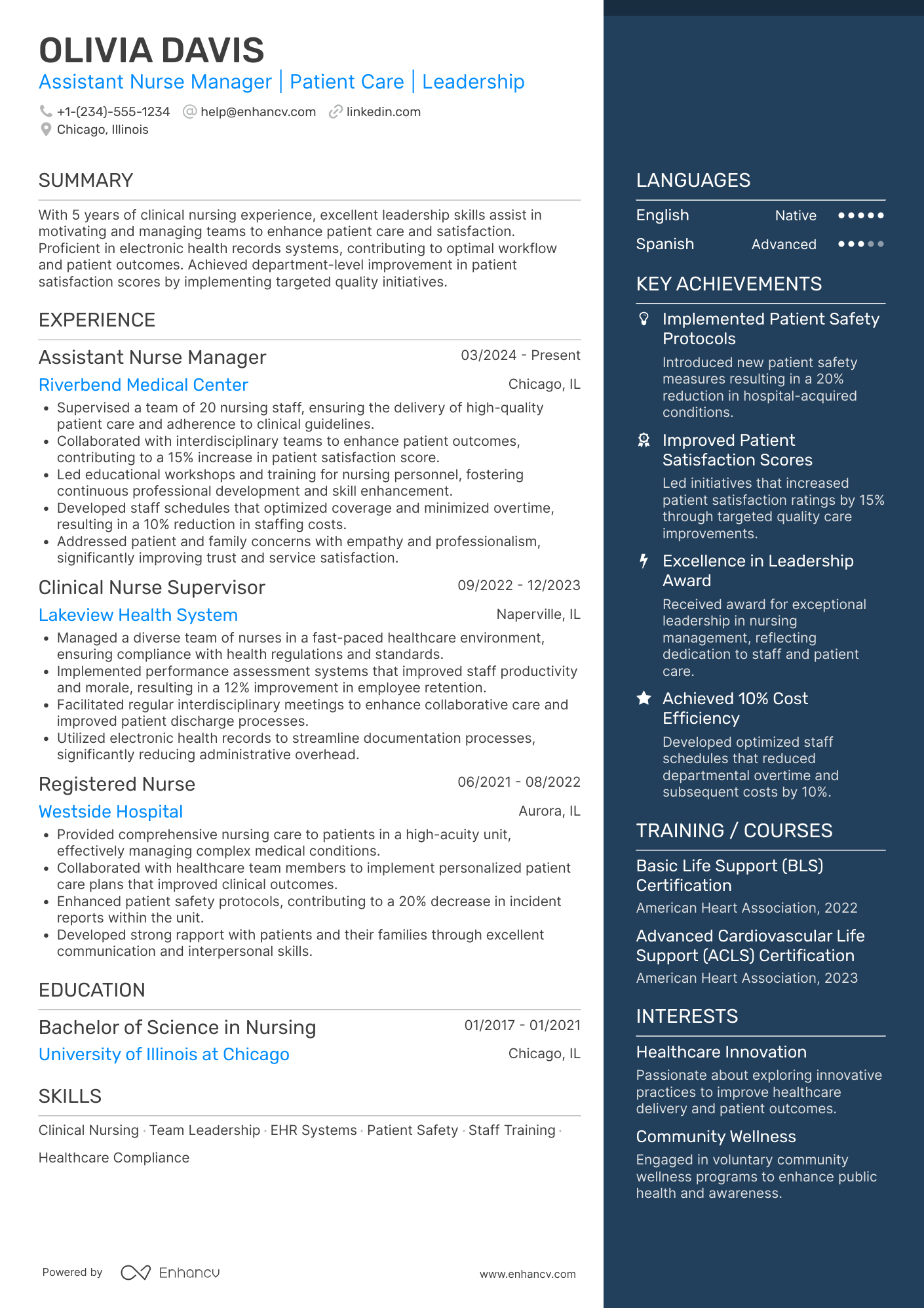 A resume example of a Assistant Nurse Manager