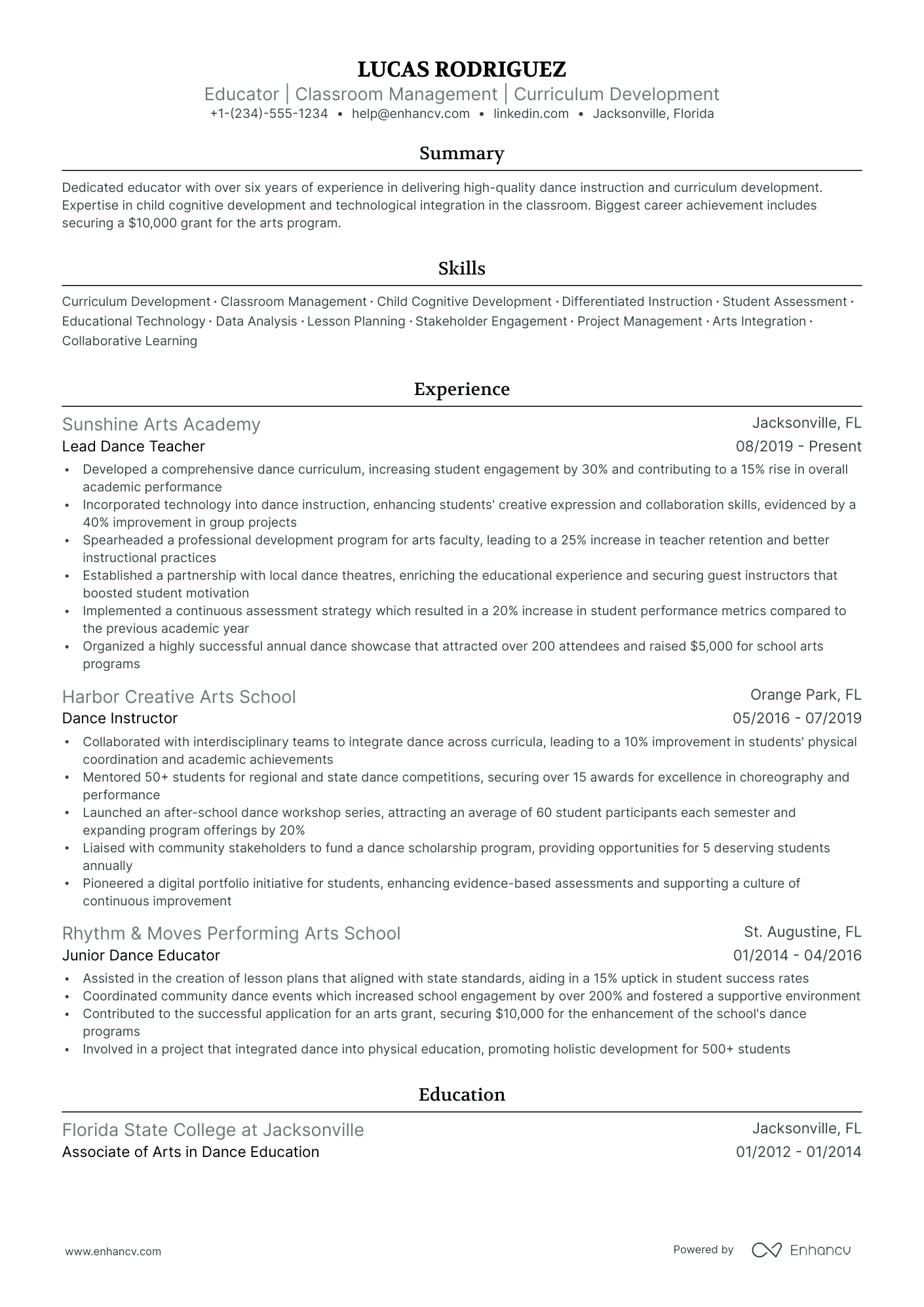 objective on resume for dance teacher