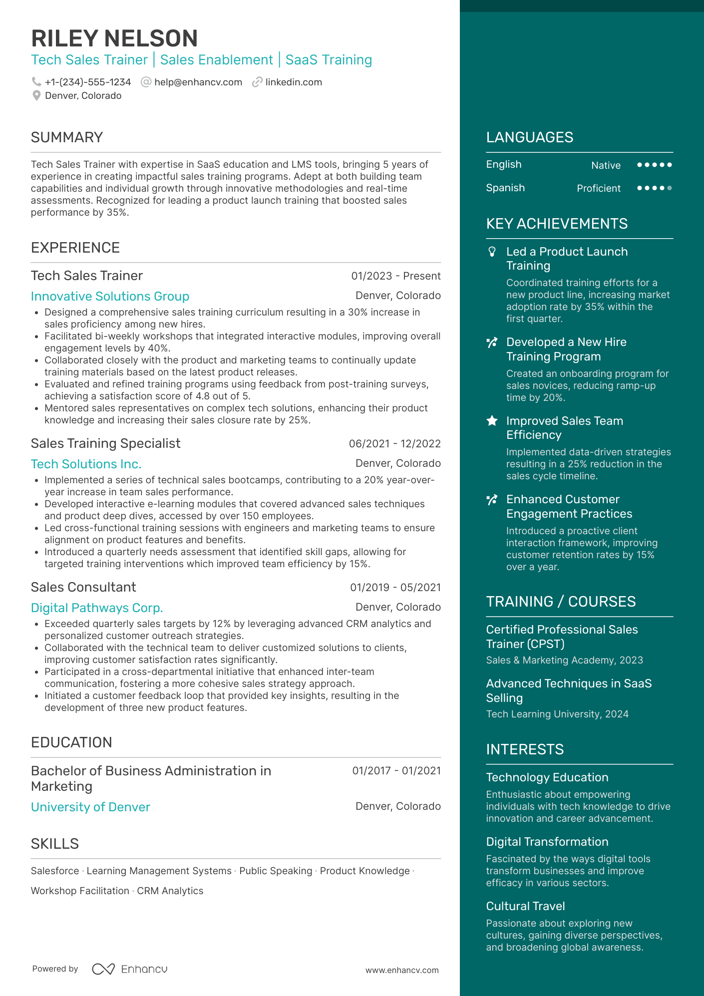 A resume example of a Tech Sales Trainer