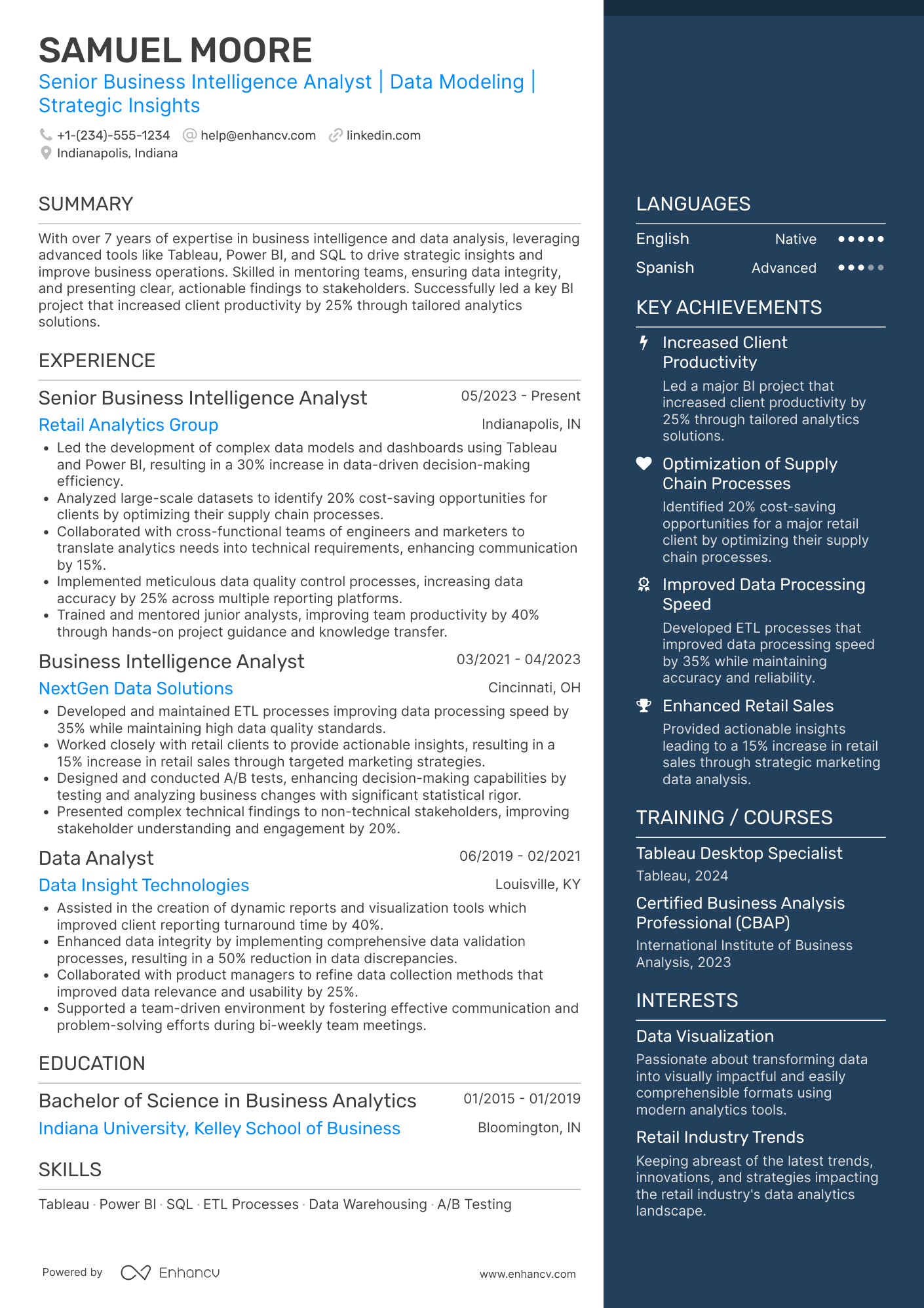A resume example of a Senior Business Intelligence Analyst