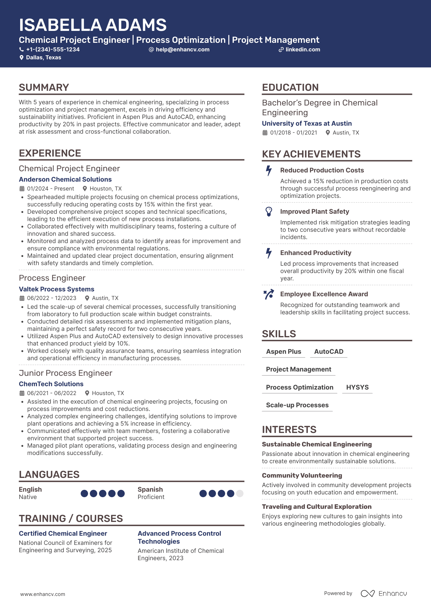 A resume example of a Chemical Project Engineer