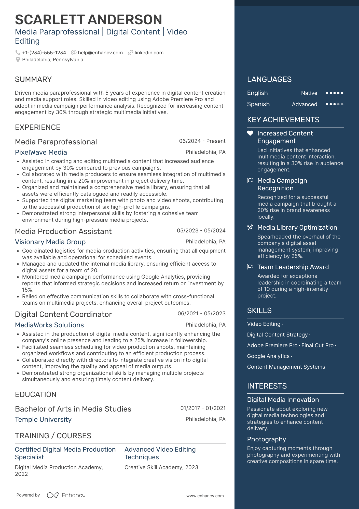 A resume example of a Media Paraprofessional