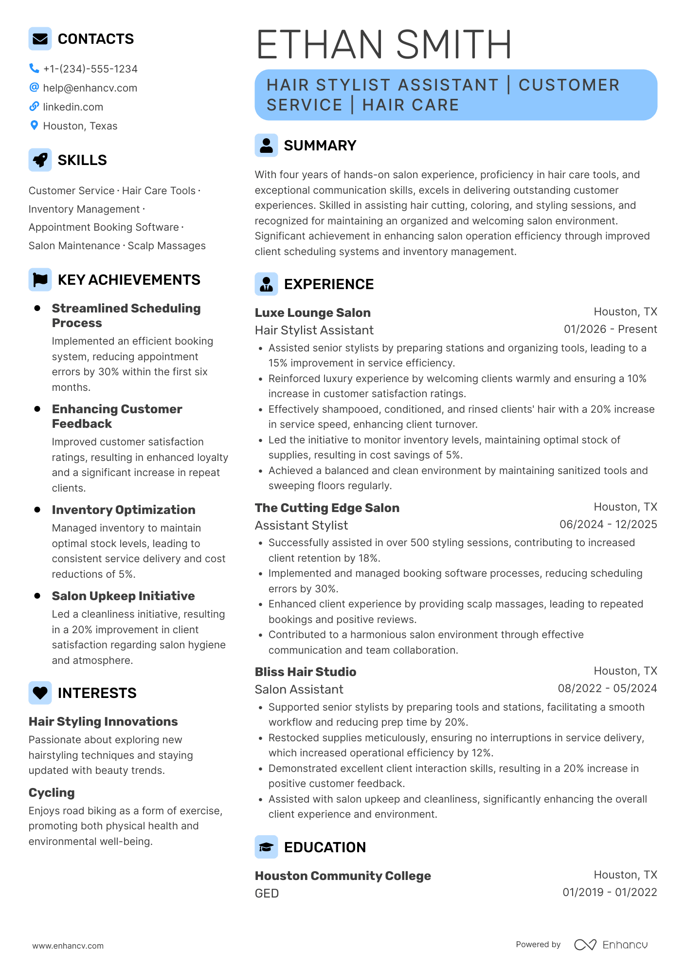 A resume example of a Hair Stylist Assistant