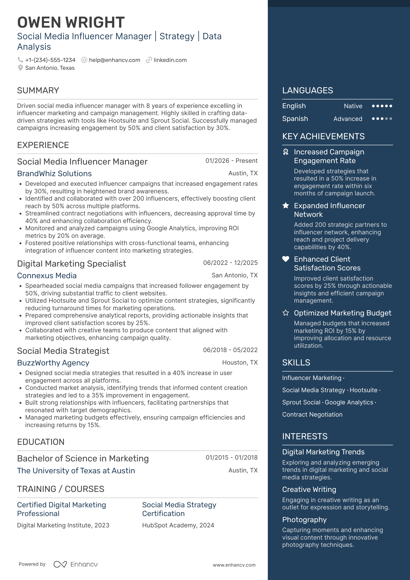 A resume example of a Social Media Influencer Manager