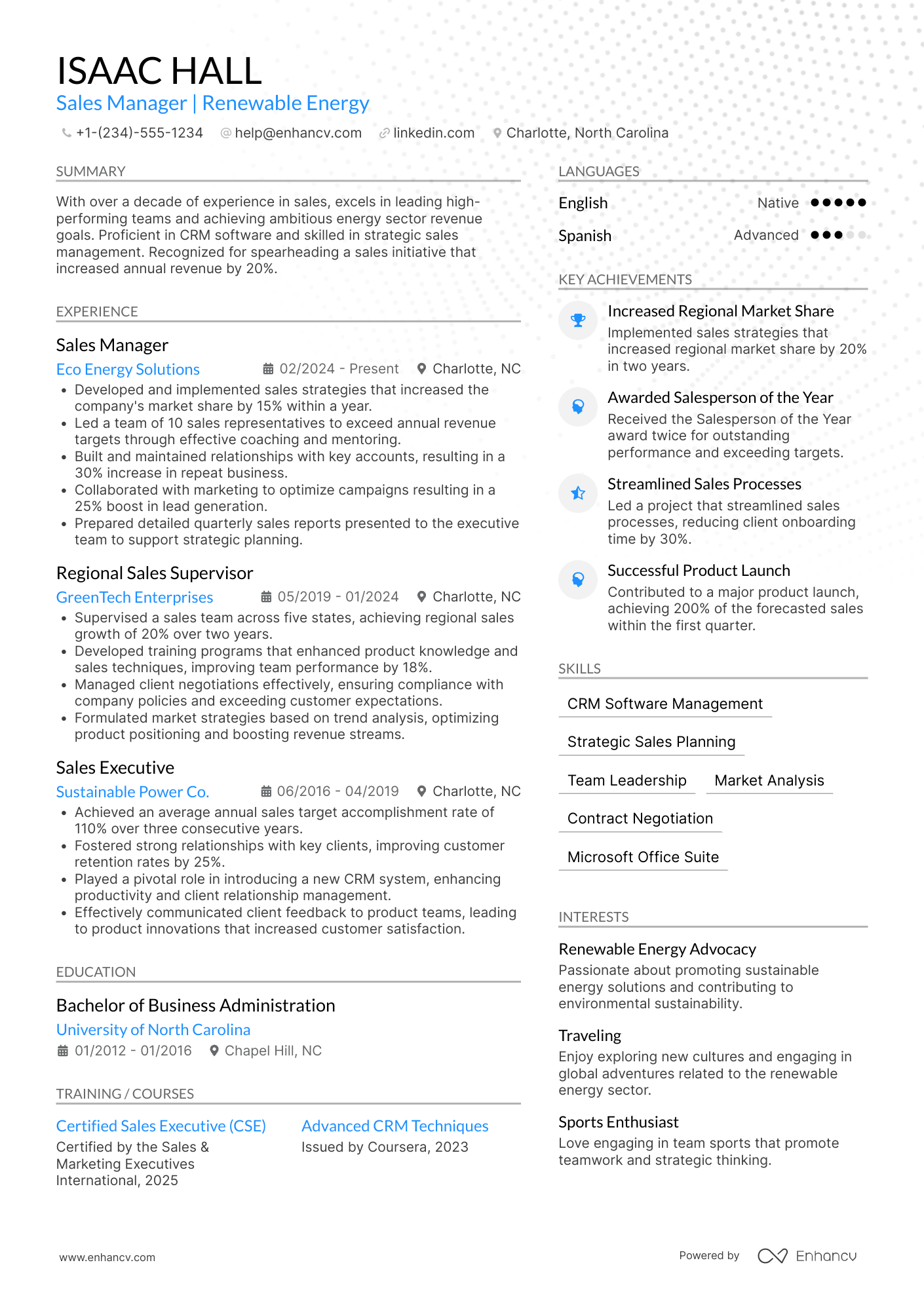 A resume example of a Sales Manager