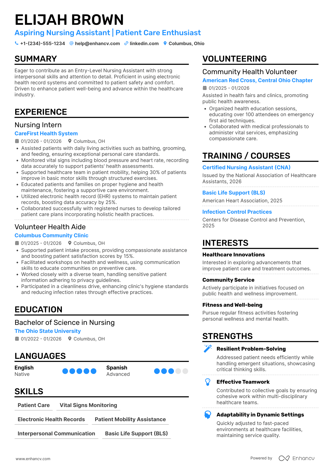 A resume example of a Entry Level Nursing Assistant