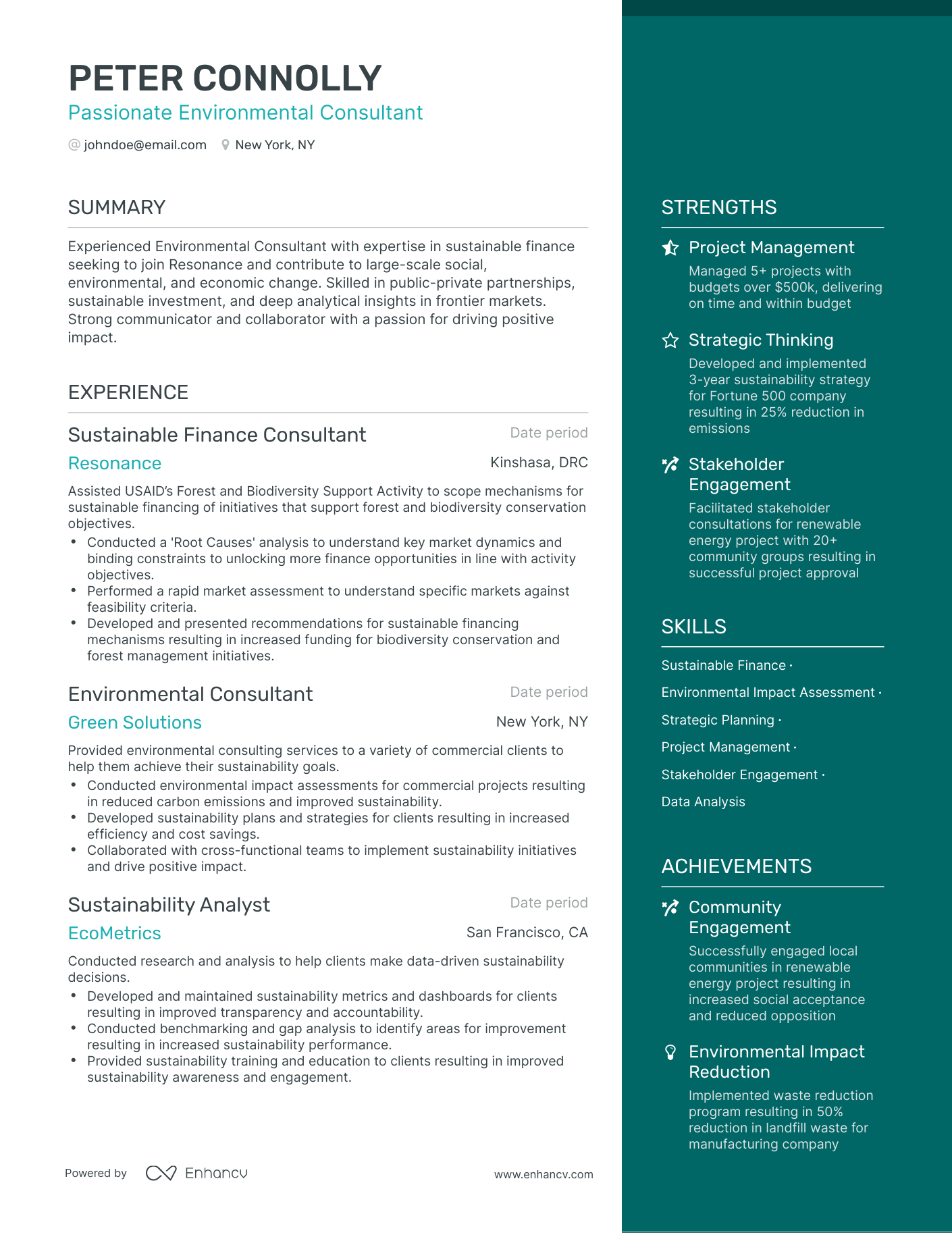 One Page Environmental Consultant Resume Template
