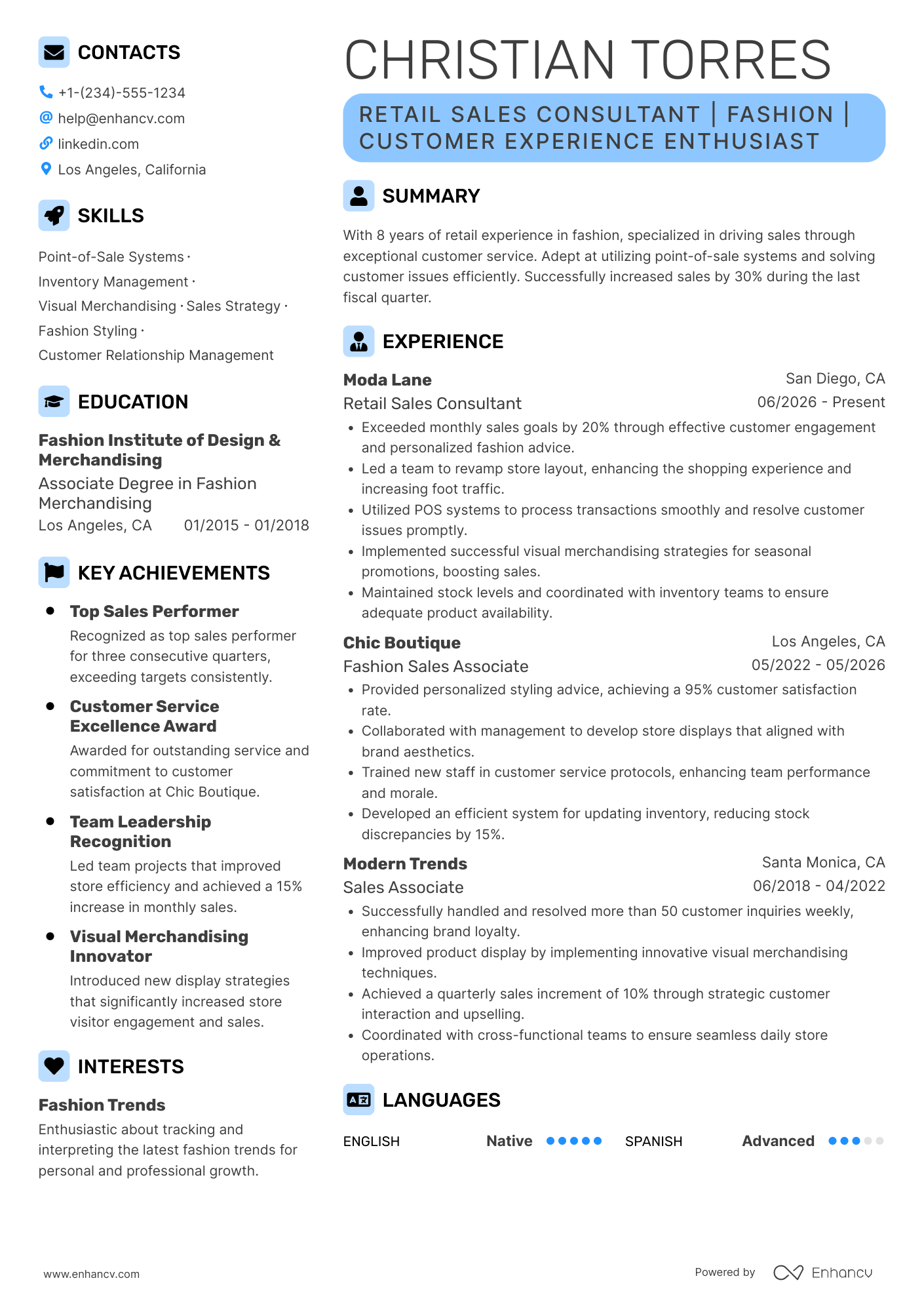 A resume example of a Retail Sales Consultant