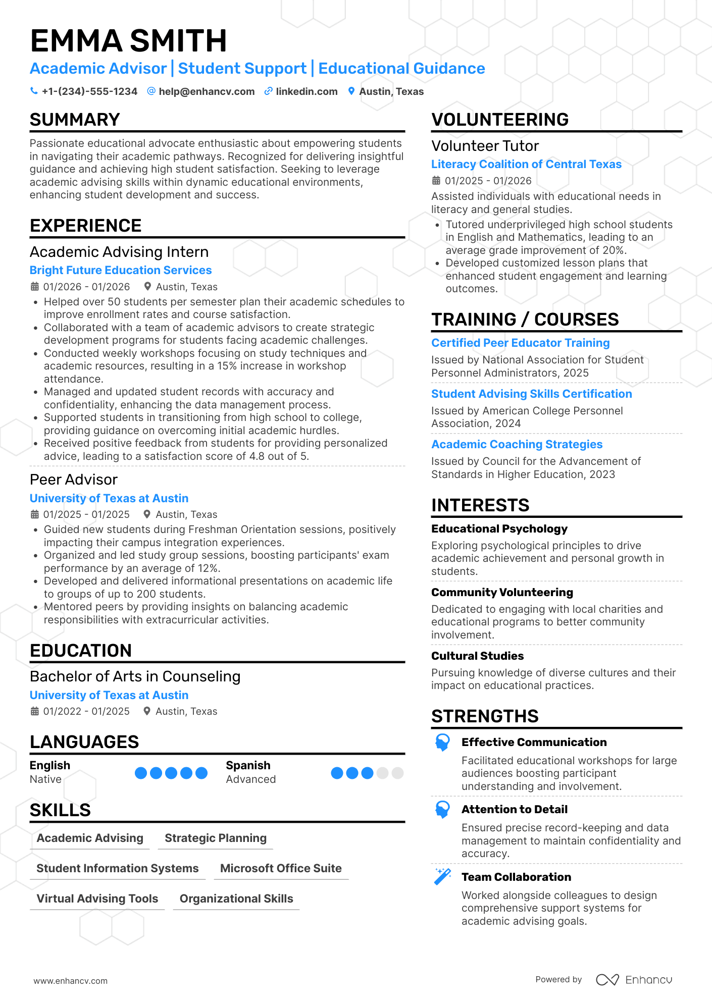 A resume example of a Entry Level Academic Advisor
