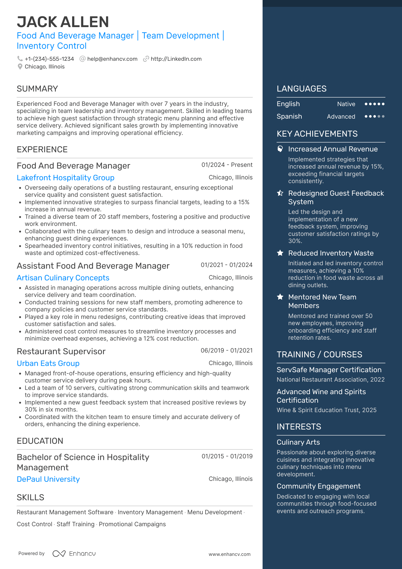 A resume example of a Food And Beverage Manager