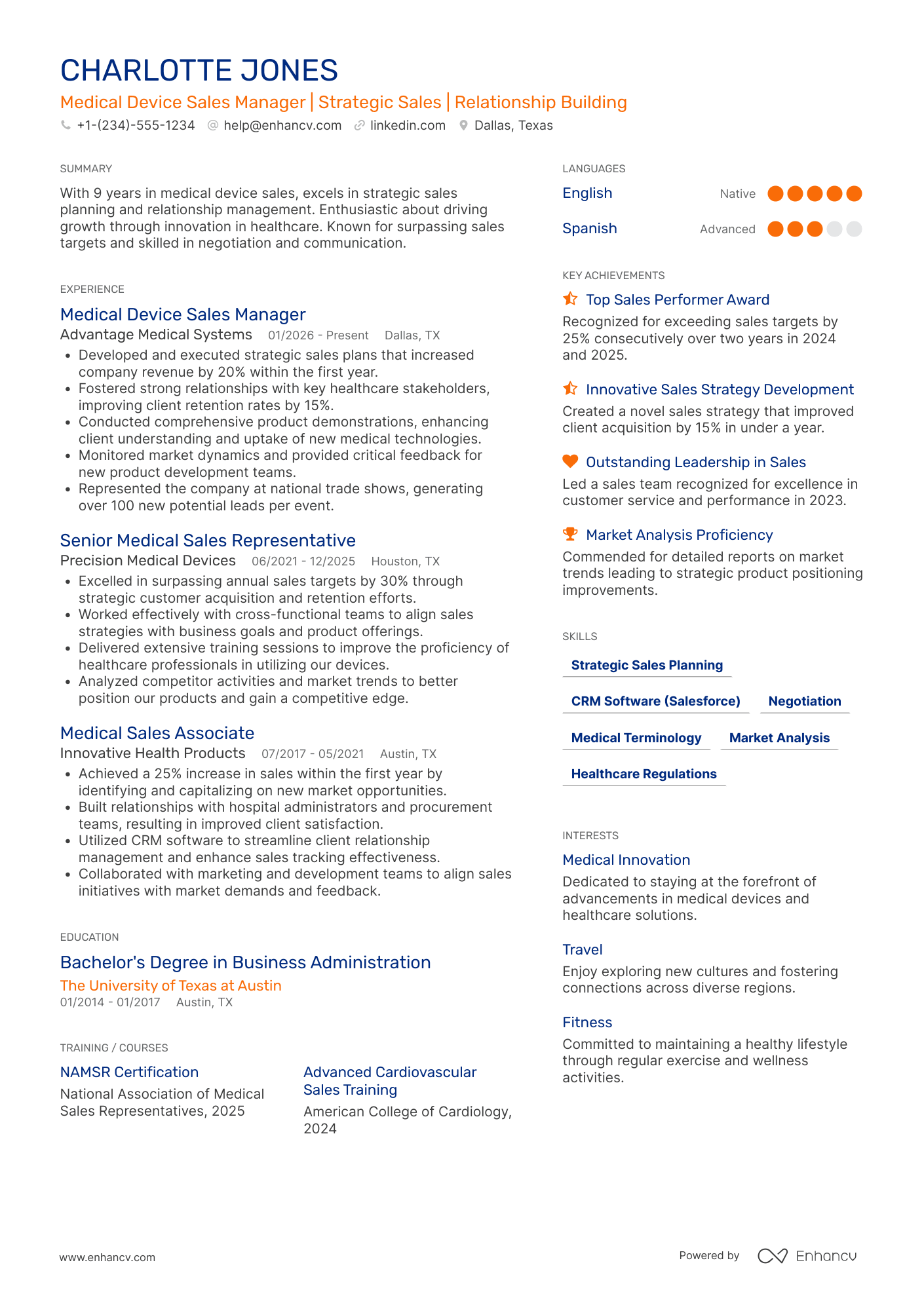 A resume example of a Medical Device Sales Manager