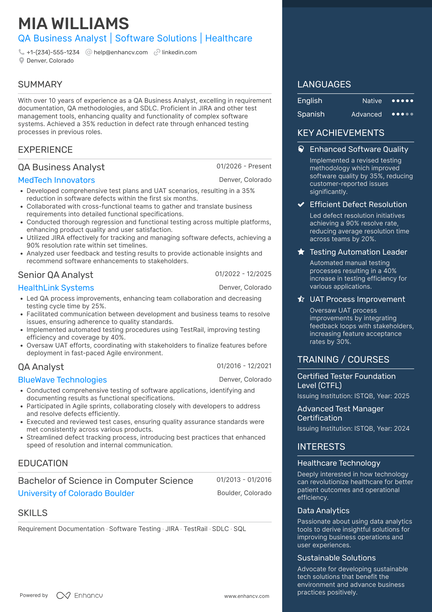 A resume example of a QA Business Analyst
