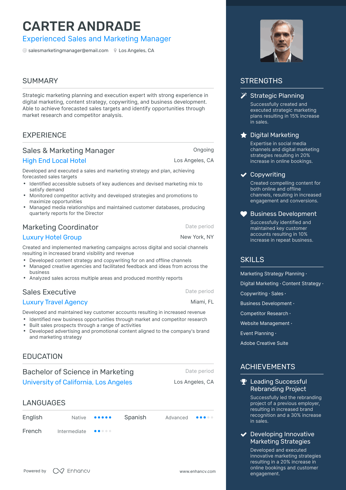 One Page Sales And Marketing Manager Resume Template