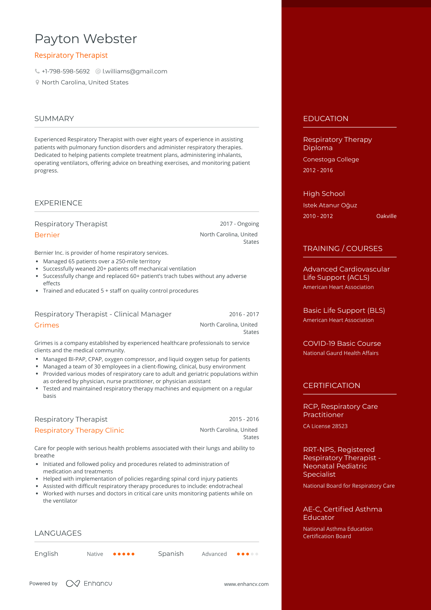 One Page Respiratory Therapist Resume Template
