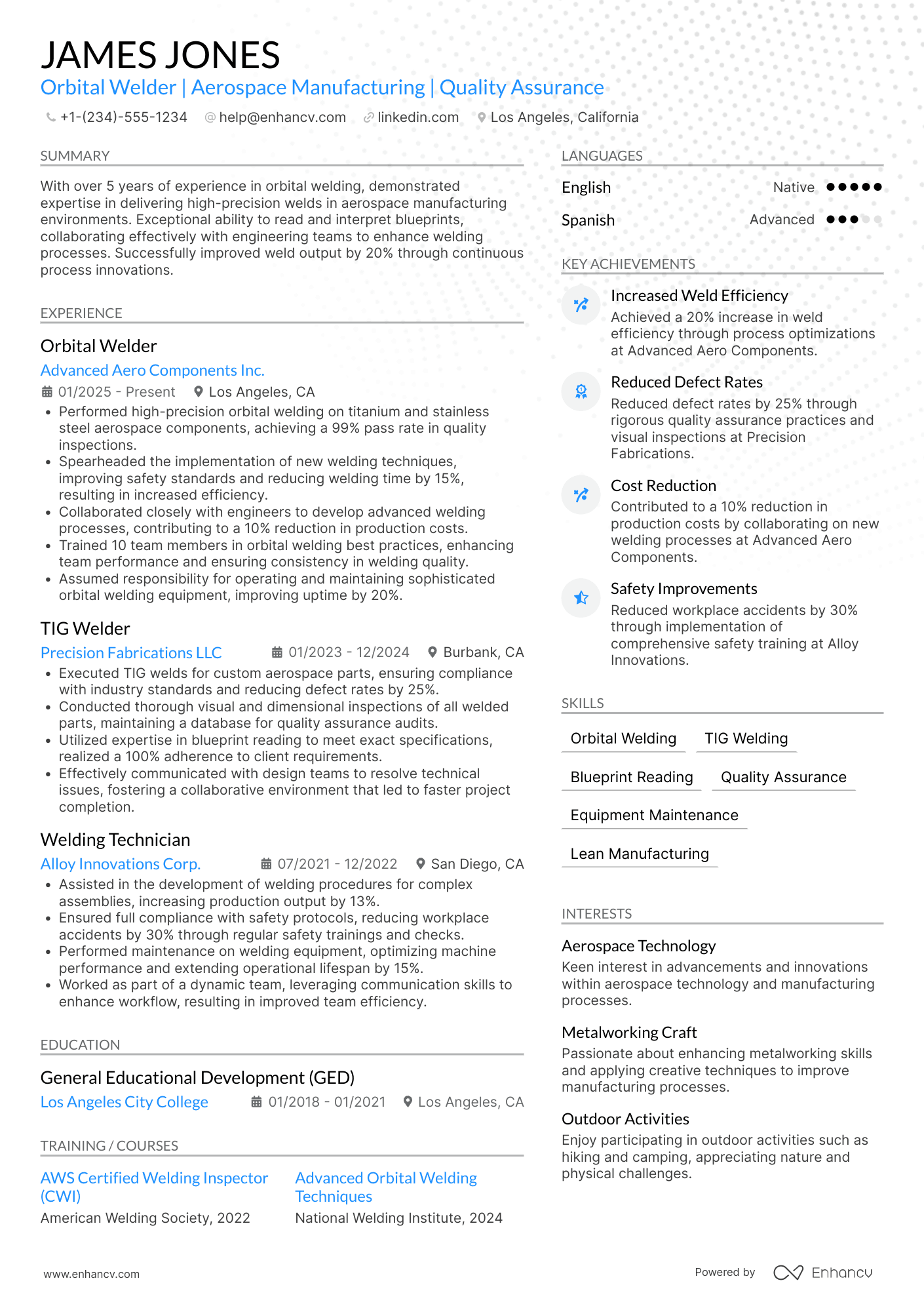 A resume example of a Orbital Welder