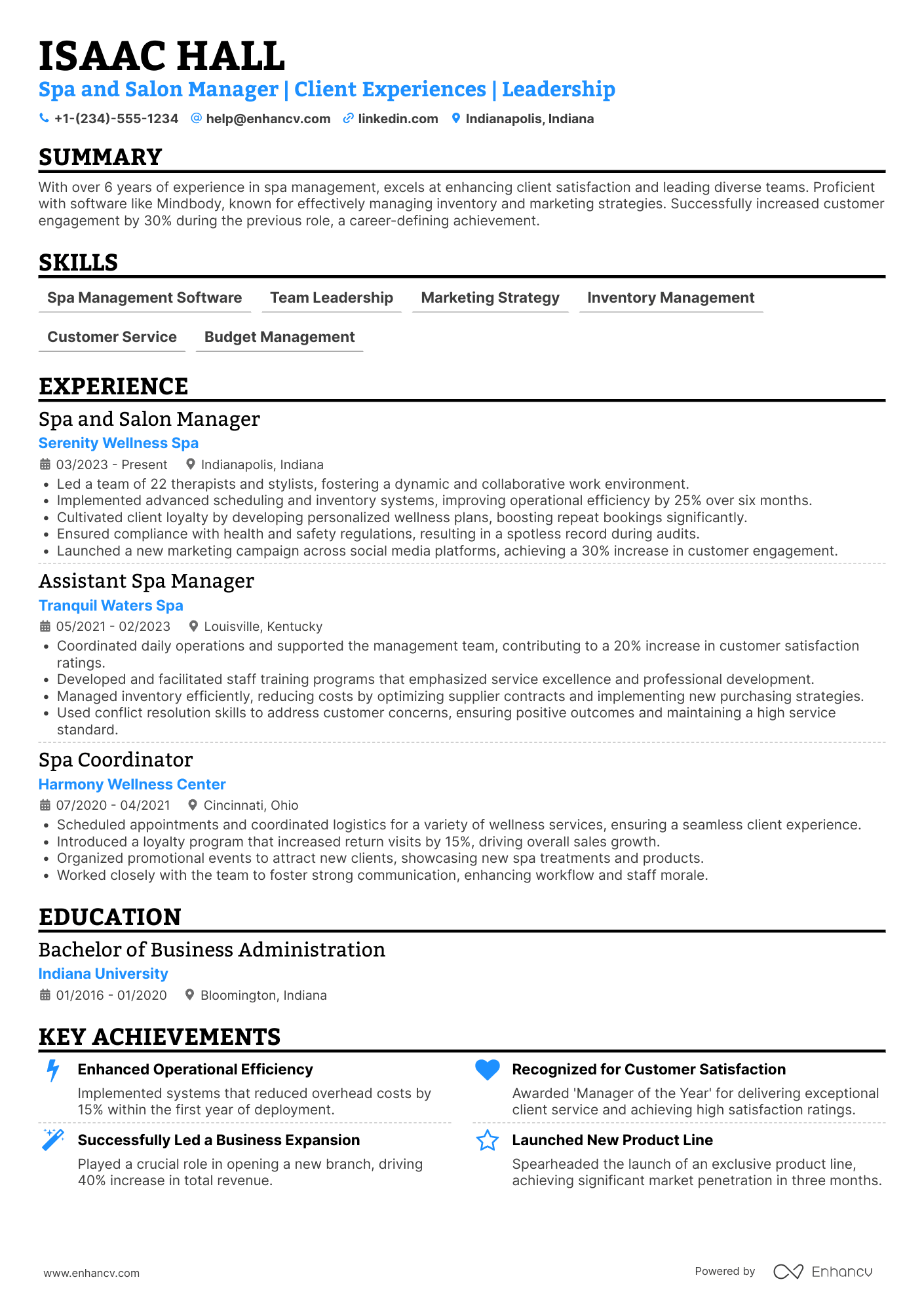 A resume example of a Spa and Salon Manager