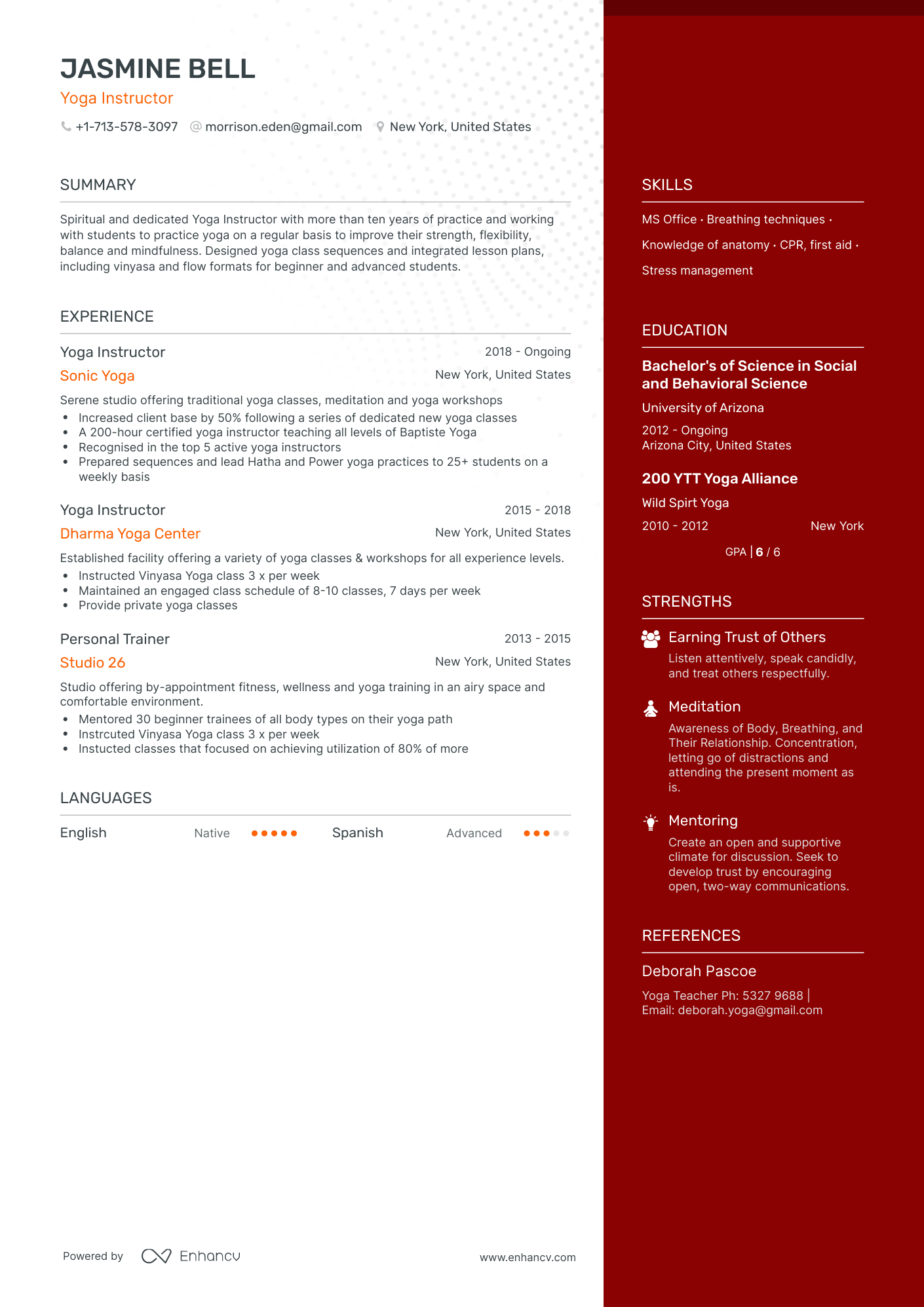 One Page Yoga Instructor Resume Template