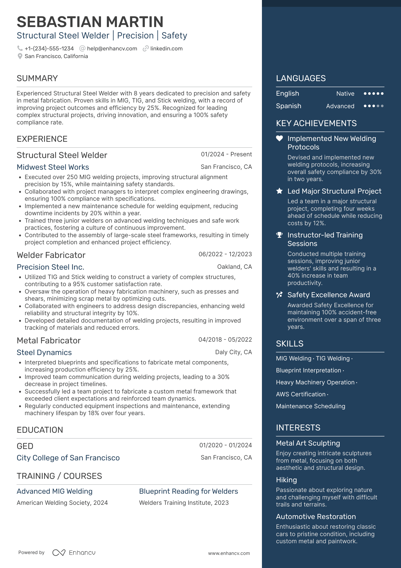 A resume example of a Structural Steel Welder