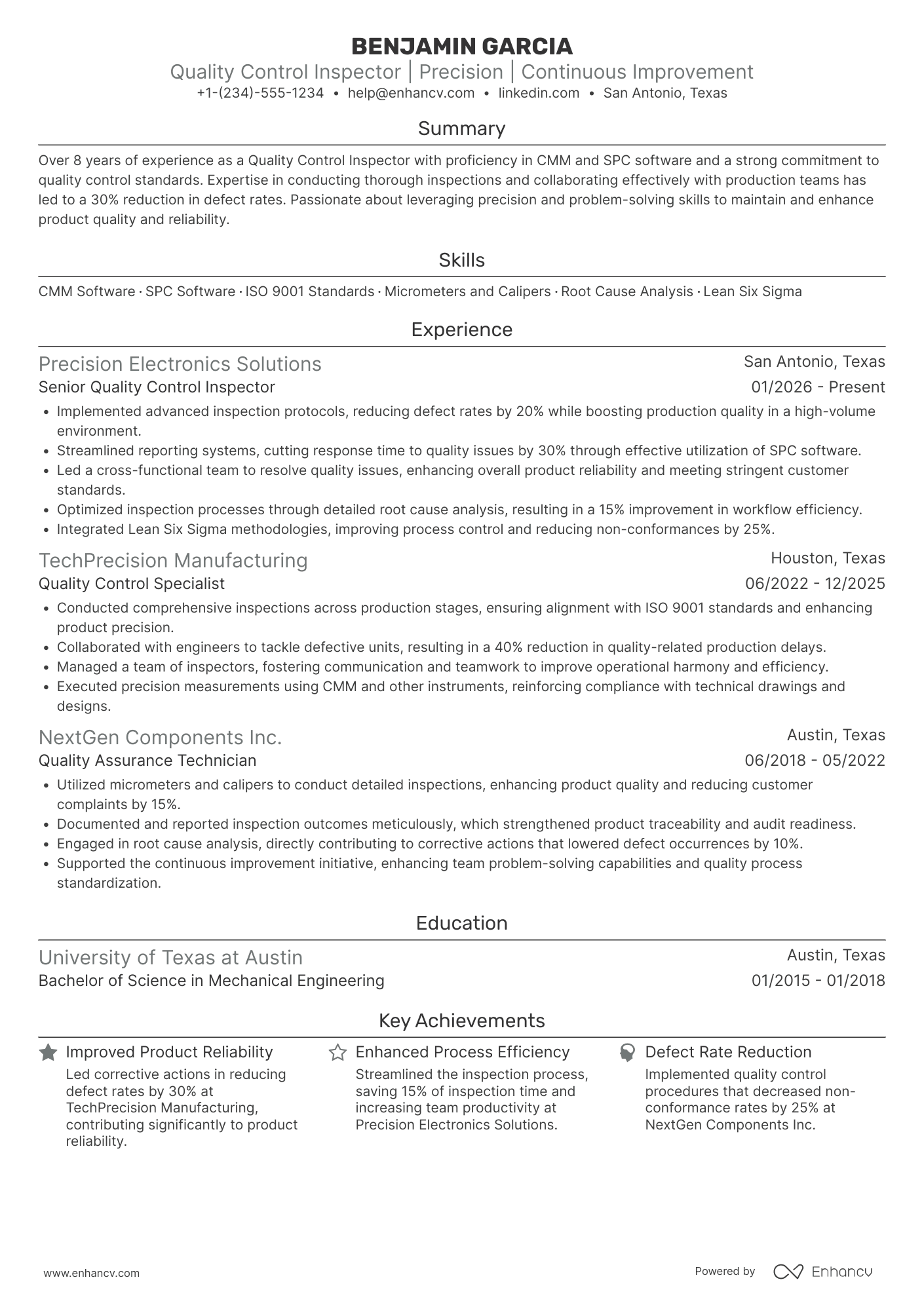 A resume example of a Quality Control Inspector